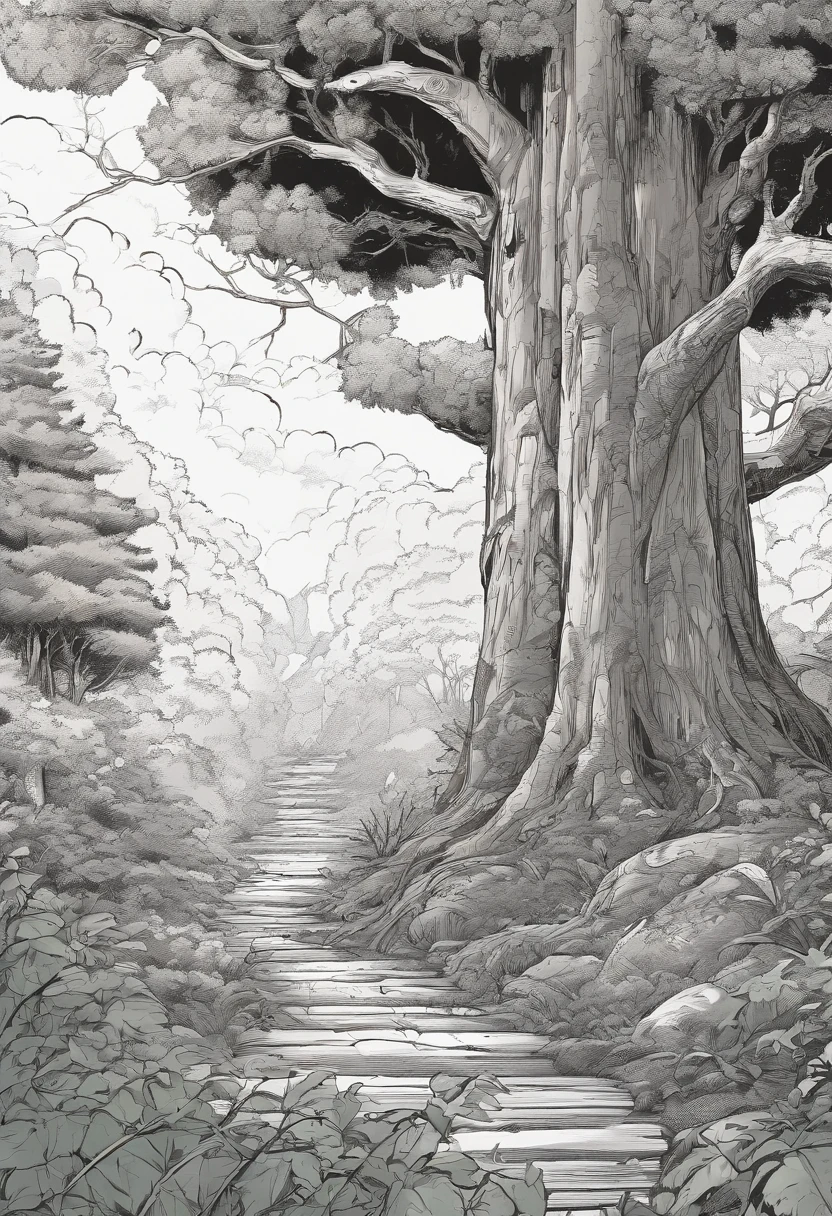 (Manga, comic, panels, scenery) A mystical forest with giant trees and magical beings hidden among the branches, 8K, high quality