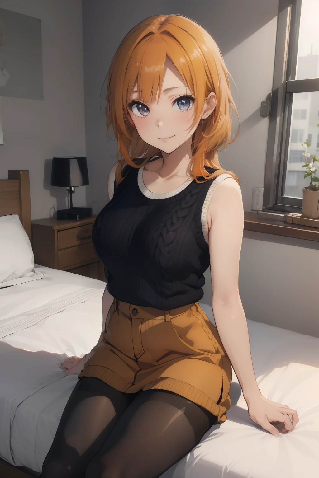 (​masterpiece、top-quality、top-quality、Beautifully Aesthetic:1.2)、1 girl in、ighly detailed、highestdetailed、grey  eyes、orange color hair|Semi-long blonde hair、((Sleeveless knitwear))、((pantyhose))、Matsumoto Rangiku、graffiti art、Look at the viewer、A smile、Bedroom、(sit on a bed)、((Denim miniskirt))、((White knitwear))、((Open legs))