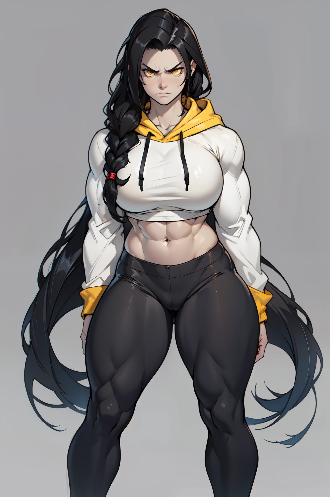 ((grey background)), solo, ((((1 girl)))), very long hair, black hair, angry, yellow eyes, (((((muscular))))), (huge tits), (thick thighs), (wide hips), pale skin, standing, slick hair, hoodie, leggings