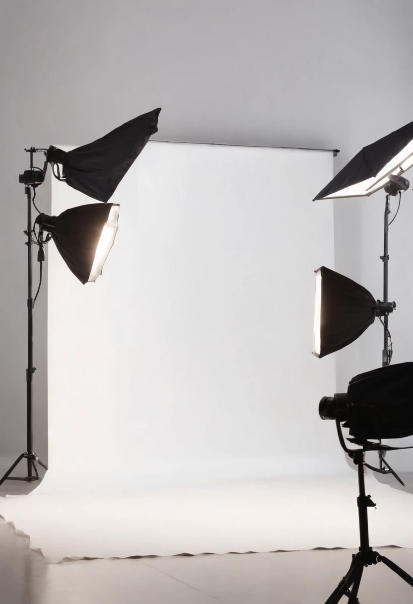 a set of three spotlights and a white background in a studio, photo studio background, Realistic studio photo, Unlit scenery, studio white background, Realistic studio lighting, Composition of the photographic studio, advertising studio lighting, Hyper-realistic lighting studio, studio backdrop, studio background, plain studio background, Fashion Studio Lighting, Professional studio lighting, Photo Studio, perfect bright studio lighting