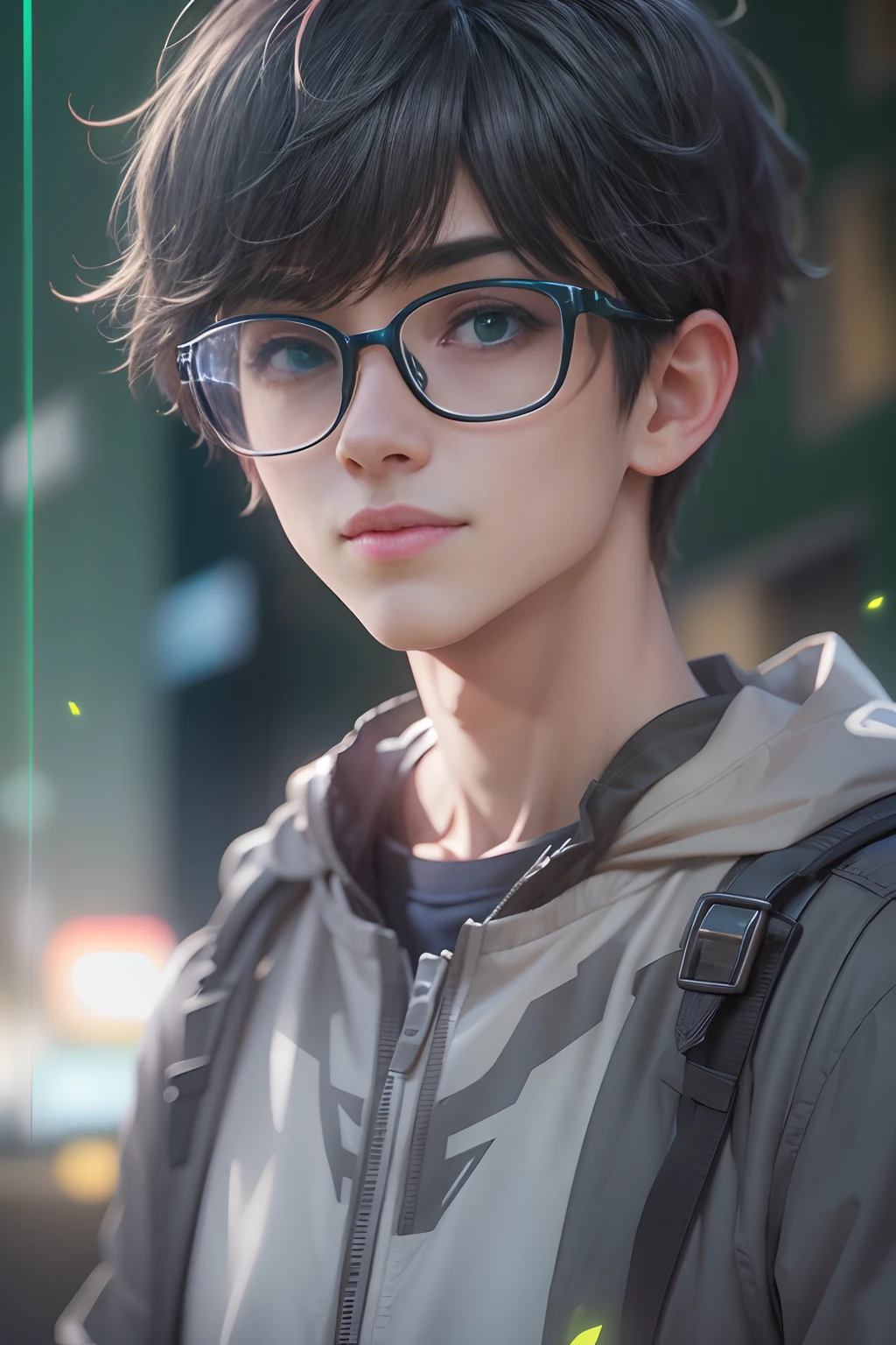 an cool university student, (male), short hairs, wear on light smile, wears narrow mental frame glasses, wear gray coat, white plain T-shirt, black jeans ,((green background)),(anime style), (cinematic lighting), (ray tracing), ((reflection light)), ((half-body-shot)), atmospheric perspective, masterpiece, accurate, ((best quality)), high quality, super detail, high details, anatomically correct, highRes, 1080p,