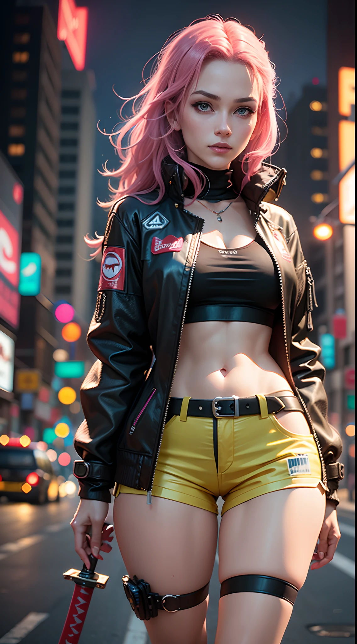 1 《cyberpunk 2077》A pink-haired girl with a long katana，Wearing a big red trench coat and shorts，Cyberpunk 2077，Extreme light and shadow，Aurora chase，extremelycomplicateddetails，Extremely strong reflected light，Extreme ambient light，the city that never sleeps，Analog cameras，rendering by octane，8K，CGSociety trends，Extremely complex and delicate eye structure，facing at the camera，neon light detail，globalillumination，Super delicate facial features，Cold，Very detailed pupil structure，Look back at the full body close-up。Neon scene at night，Long neon hair，（Wears a long yellow trench coat🧥:1.3）（Perfect body 1.1）（Height 1.68 meters）Super realistic