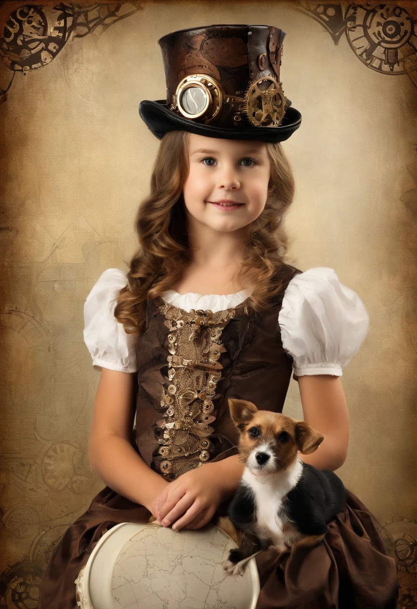 A six year old daughter wearing a steampunk dress, a steampunk hat and is holding a Jack Russell Terrier