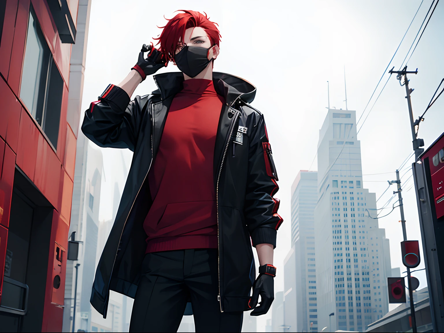Man with red hair, Unique Hairstyle, Wearing a Red/Black Hoodie, Wearing a cyberpunk mask, Wearing Black Gloves, perfect face, Adult Man