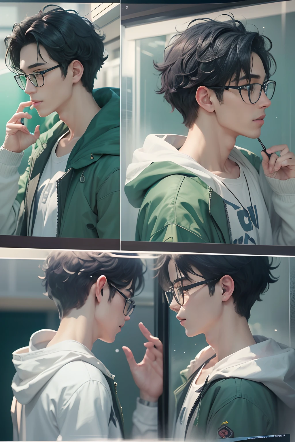an cool university student, (male), (short black hairs), wear on light smile, wears narrow mental frame glasses, (small glasses), wear gray coat, white plain T-shirt, black jeans ,((green background)),(anime style), (cinematic lighting), (ray tracing), ((reflection light)), ((half-body-shot)), atmospheric perspective, masterpiece, accurate, ((best quality)), high quality, super detail, high details, anatomically correct, highRes, 1080p,