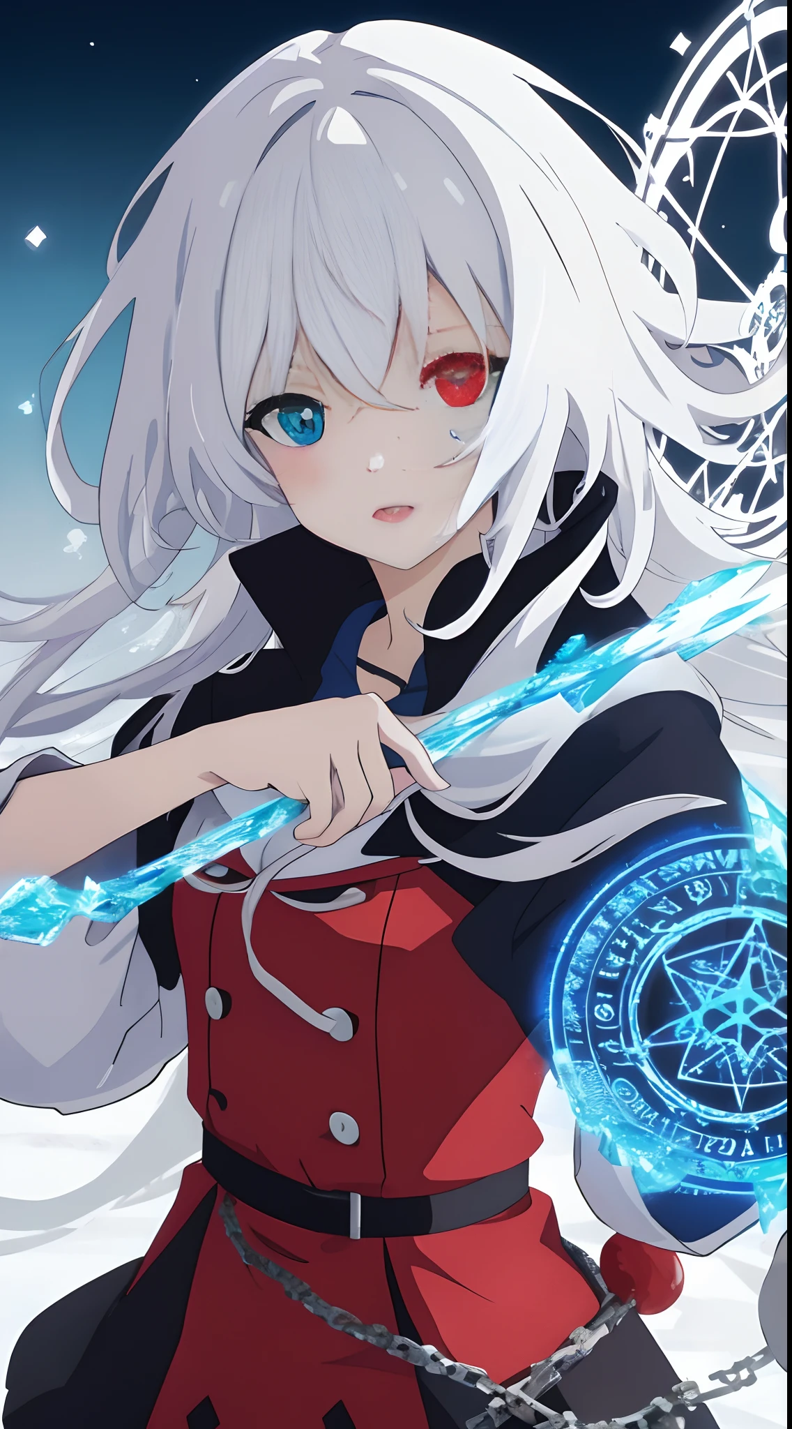 anime girl with long white hair holding a ice sword, ice magic circle, best anime 4k konachan wallpaper, white haired deity, art, anime art wallpaper 8 k, anime style 4 k, ufotable art style, detailed anime art, anime art wallpaper 4 k, anime art wallpaper 4k, white haired, anime wallaper, (((heterochromia, blue and red eyes)))