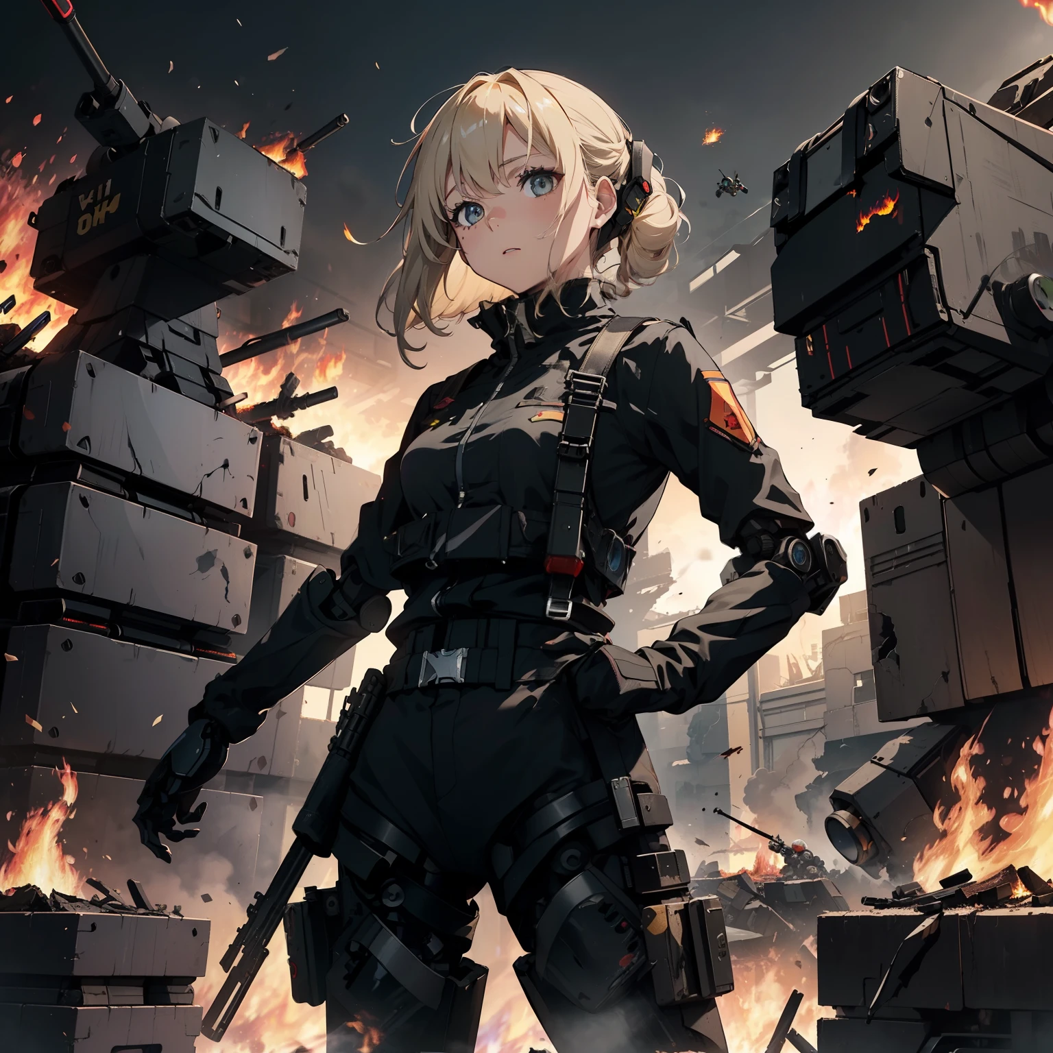 (Female soldier with well-trained body)、(((Fire machine guns to destroy enemy robots:1.4)))、1 Female 1 Robot、(Black combat uniform)、(platinum-blonde-hair:1.2)、shout out、Have multiple weapons、Parkour ride through the rubble、((超A high resolution))、Detail Write、masterpiece、top-quality、extremely details CG、8K picture quality、Cinematographic lighting、lensflare、(Night urban combat)、Hyper-detailing、Android wreckage、((cowboy shot:1.4))、Detailed firearm depiction、Firearms with perfect detail、Perfect barrel、(dynamic ungle:1.4)、Scattered empty cartridge cases
