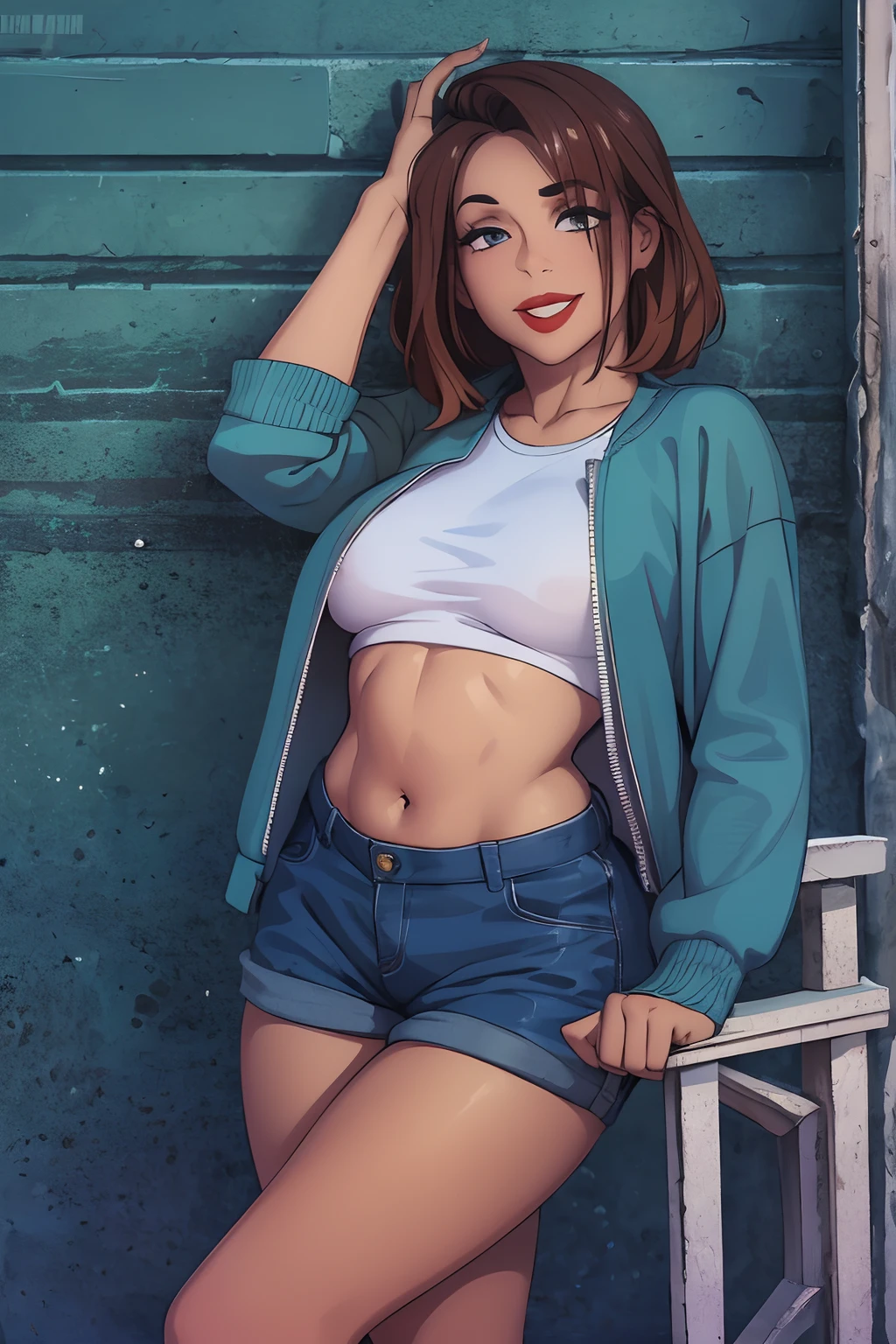 fille, sourire, red lips, belles femme, Gros seins, Cheveux courts, peau claire, corps sexy, Blue clothing colors, Couleurs des pantalons bleus, Belle fille, on location, pose sexy,