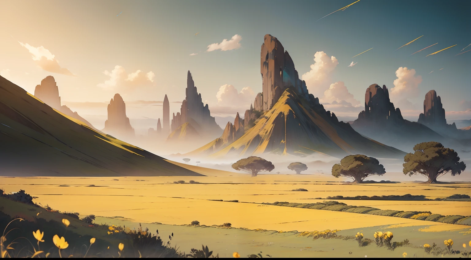 cute plains landscape, open field, dayligth, yellow tones, from Brian Froud and Carne Griffiths and Wadim Kashin and John William Waterhouse, 8K post-production, high resolution, hiperdetailed, trending in artstation, sharp-focus, Studio photo, from Greg Rutkowski