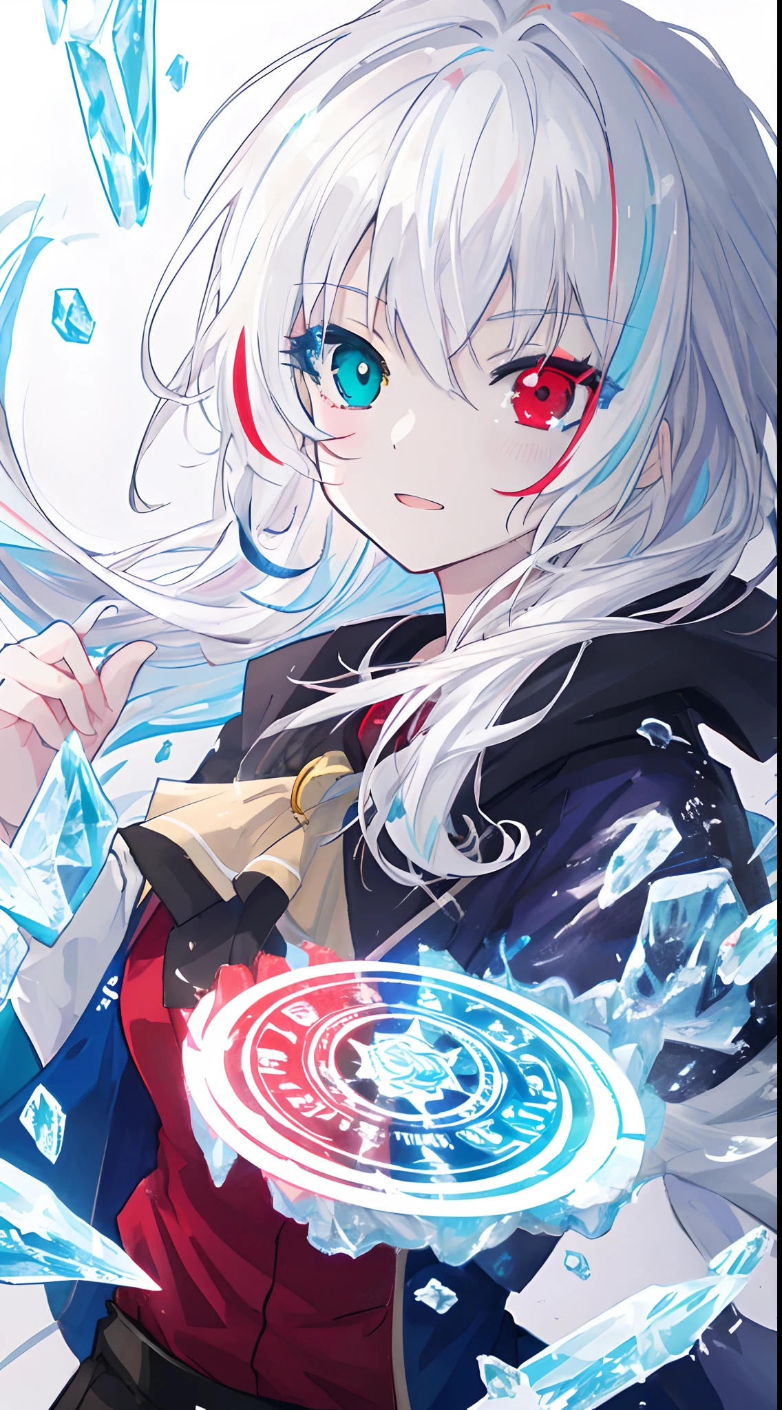 anime girl with long white hair holding a ice sword, ice magic circle, best anime 4k konachan wallpaper, white haired deity, art, anime art wallpaper 8 k, anime style 4 k, ufotable art style, detailed anime art, anime art wallpaper 4 k, anime art wallpaper 4k, white haired, anime wallaper, (((heterochromia, blue and red eyes)))