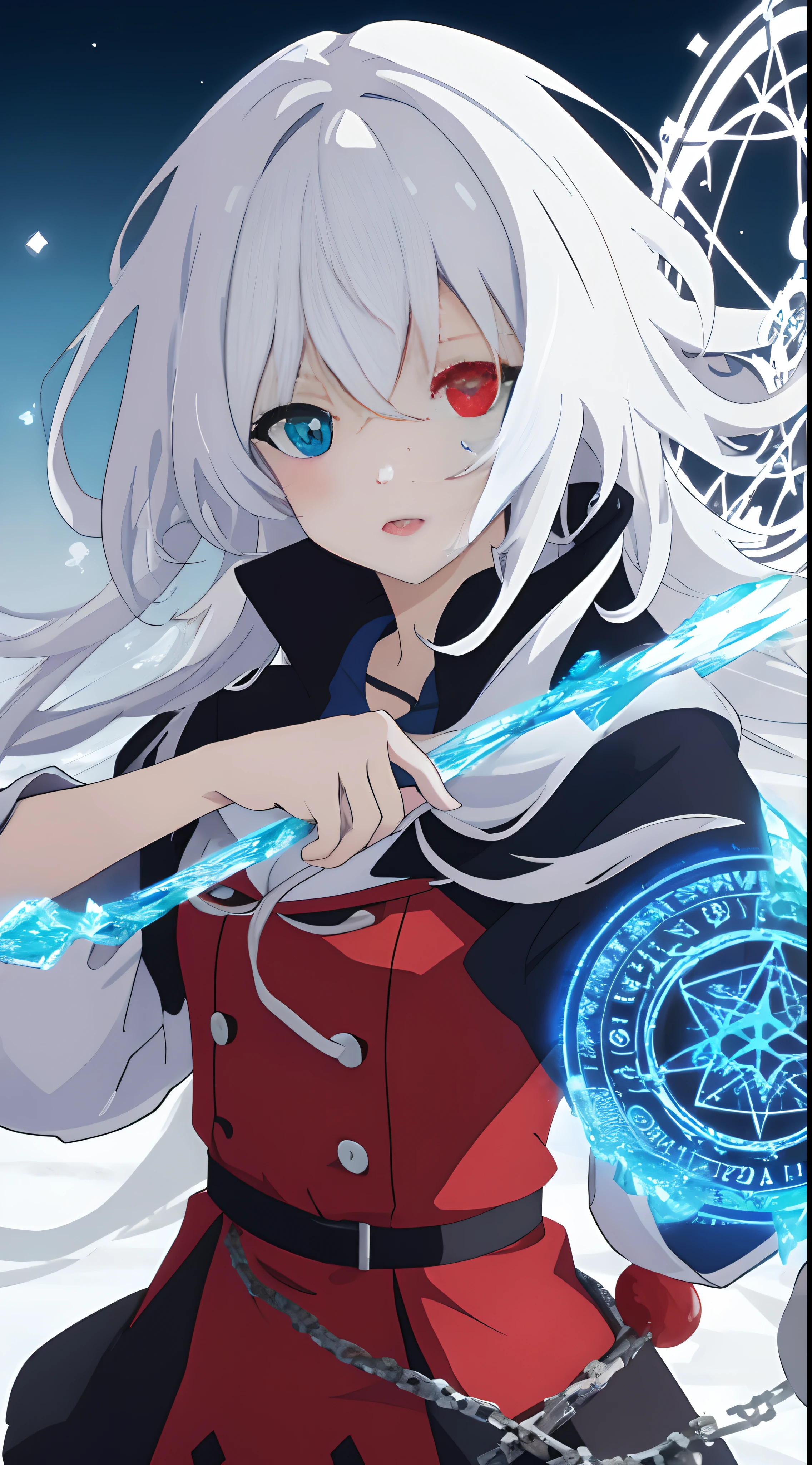 anime girl with long white hair holding a ice sword, ice magic circle, best anime 4k konachan wallpaper, white haired deity, art, anime art wallpaper 8 k, anime style 4 k, ufotable art style, detailed anime art, anime art wallpaper 4 k, anime art wallpaper 4k, white haired, anime wallaper, (((heterochromia, blue and red eyes)))