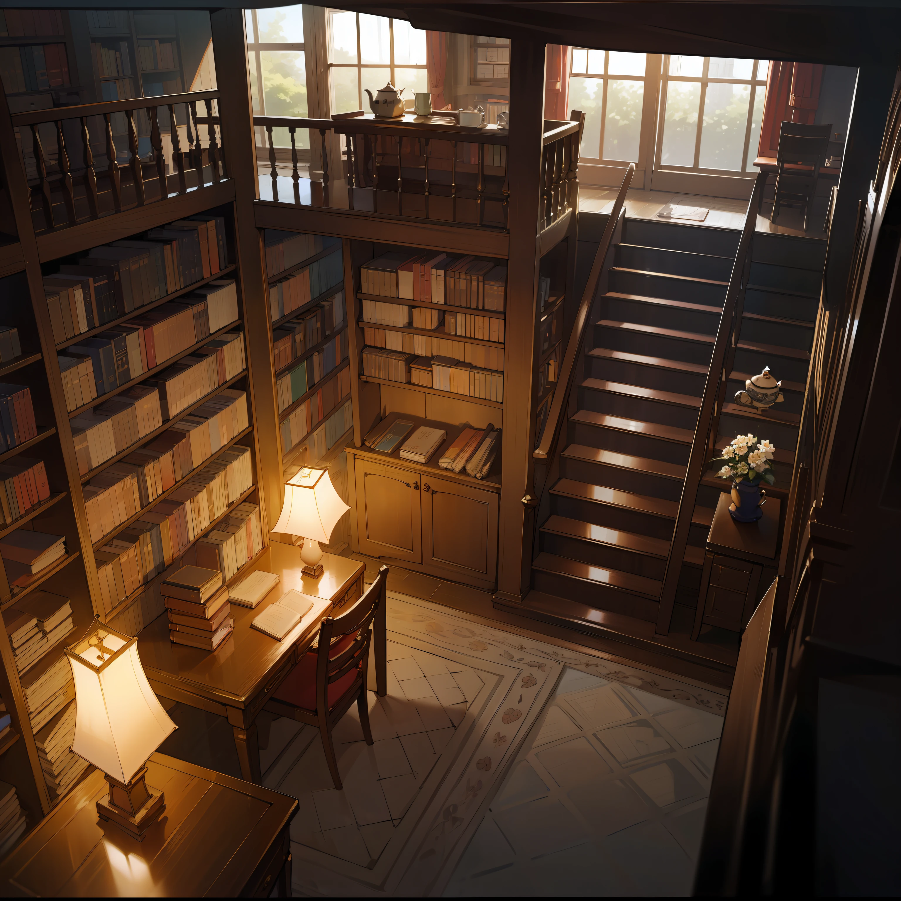 ((Best Quality)), (((masutepiece))), library at night, many book, desk, chair, note, pan, bookshelf, flower pot, table, windows, night view, teapot, tea cup, ladder, stairs, loft