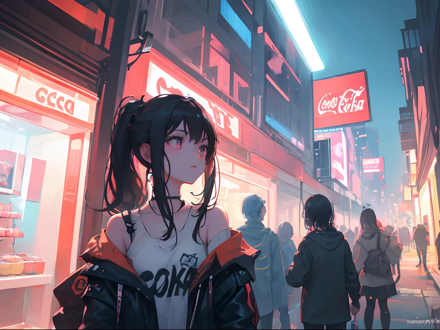 The hot red double ponytail plum-eyed girl, dressed in a fashionable modern punk outfit and holding Coca-Cola, under the cyberpunk neighborhood, surrounded by colorful neon lights, exudes a noisy feeling, the light casts a brilliant light on her face through the glass, creating a dreamy and cyberpunk atmosphere.
(Best Quality, High Resolution), Ultra Detailed, (Realistic: 1.37)
Medium: digital art, cyberpunk art
Other details: bright colors, dynamic poses, delicate facial features, punk patterns on costumes, wisps of magic surround her, light through the glass, tall buildings in the distance, dramatic shadows and highlights, magical auras shimmering around her.