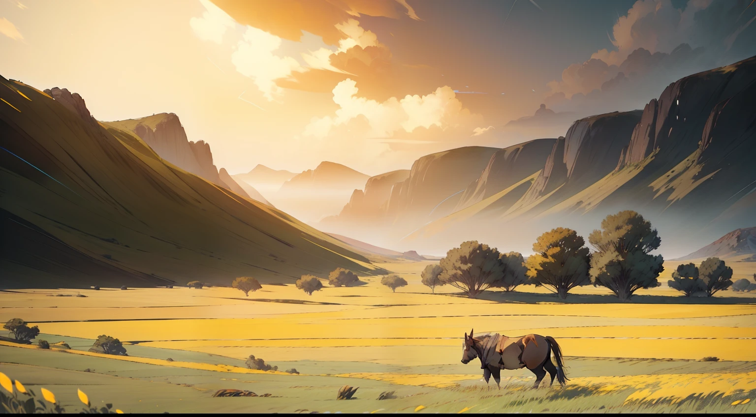cute plains landscape, open field, dayligth, yellow tones, from Brian Froud and Carne Griffiths and Wadim Kashin and John William Waterhouse, 8K post-production, high resolution, hiperdetailed, trending in artstation, sharp-focus, Studio photo, from Greg Rutkowski