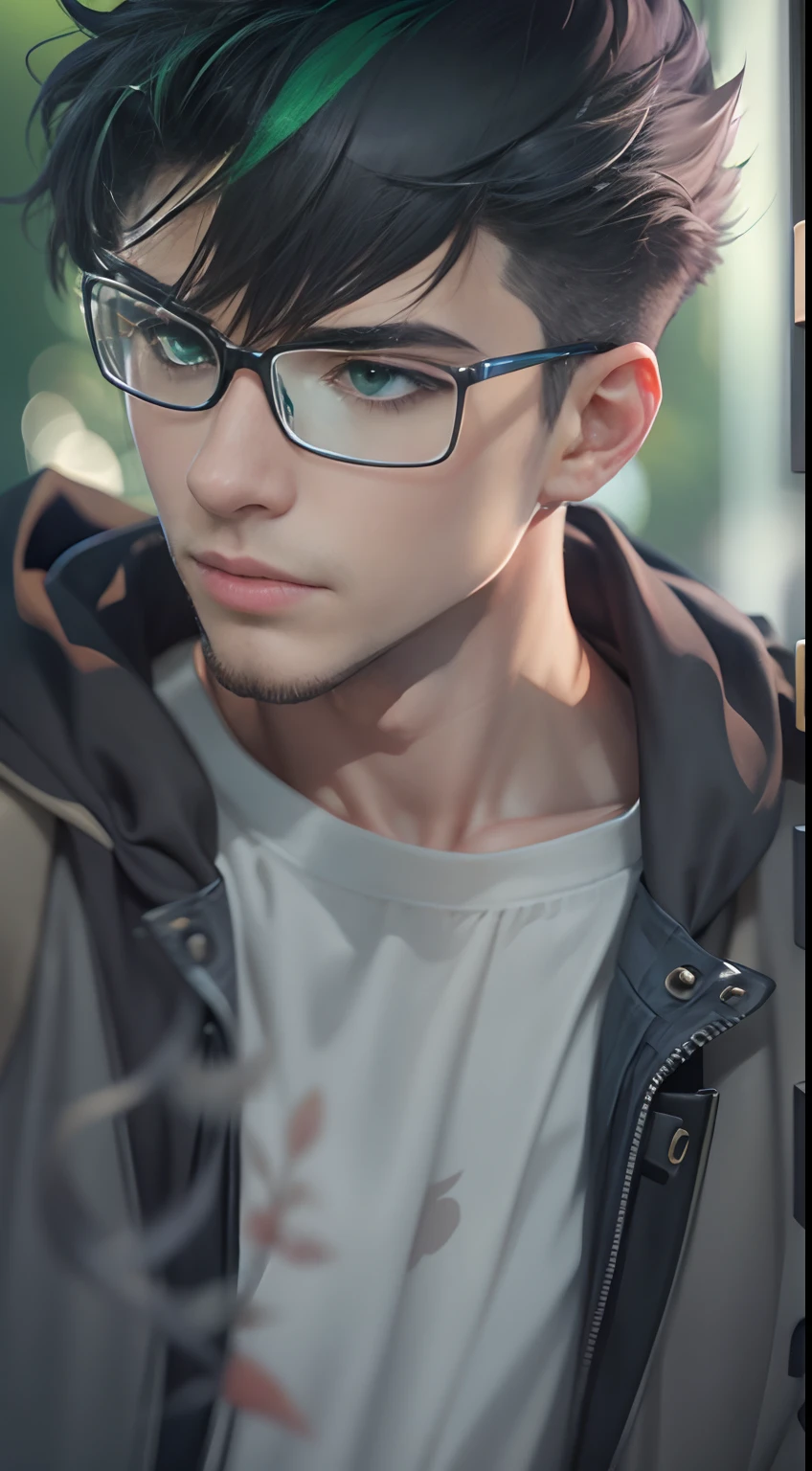 an cool university student, (male), ((fade hair style)), wears narrow mental frame glasses, wear gray coat, white plain T-shirt, black jeans ,((green background)),(anime style), (cinematic lighting), (ray tracing), ((reflection light)), ((half-body-shot)), atmospheric perspective, masterpiece, accurate, ((best quality)), high quality, super detail, high details, anatomically correct, highRes, 1080p,