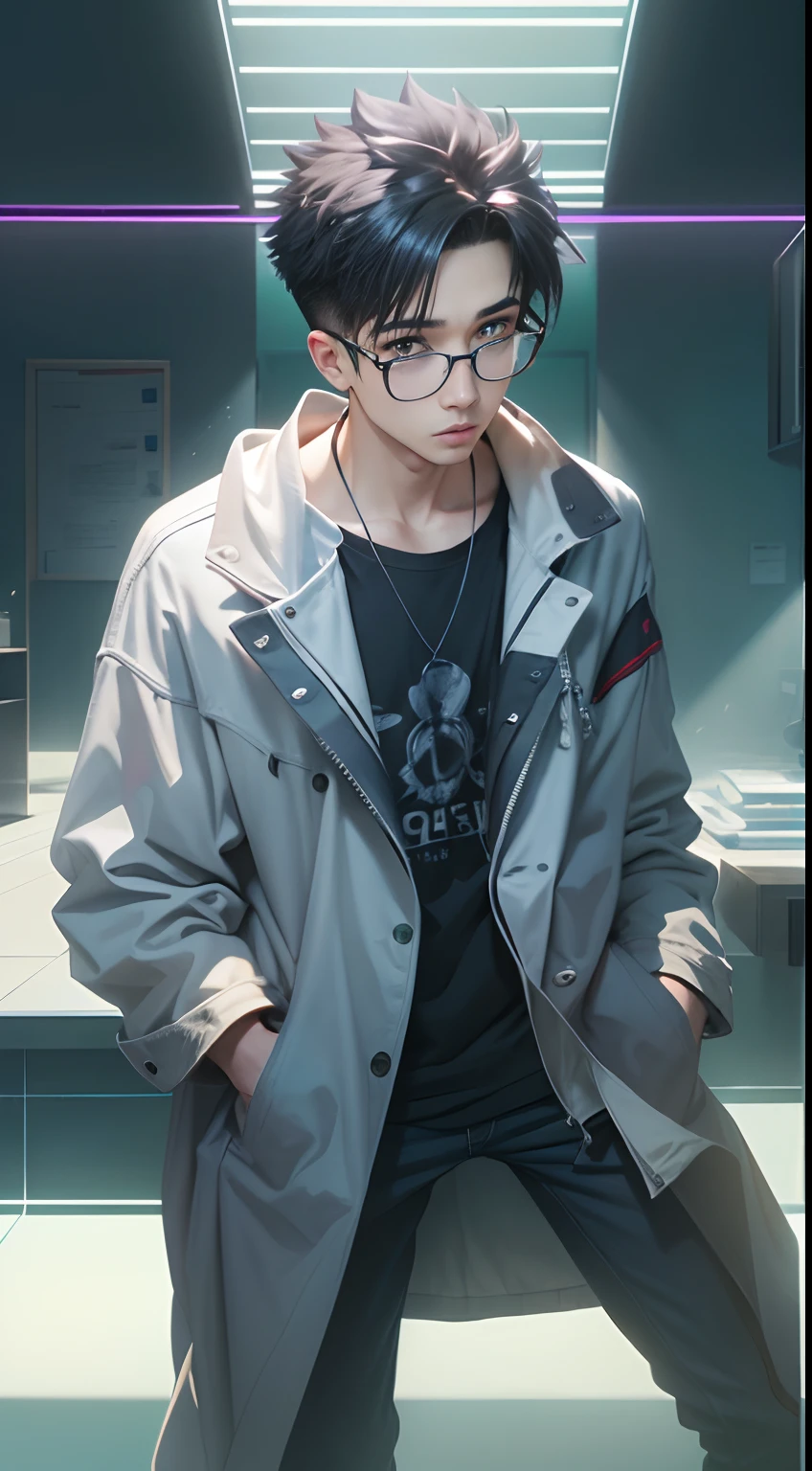 an cool university student, (male), ((fade hair style)), wears narrow mental frame glasses, wear gray coat, white plain T-shirt, black jeans ,((green background)),(anime style), (cinematic lighting), (ray tracing), ((reflection light)), ((half-body-shot)), atmospheric perspective, masterpiece, accurate, ((best quality)), high quality, super detail, high details, anatomically correct, highRes, 1080p,