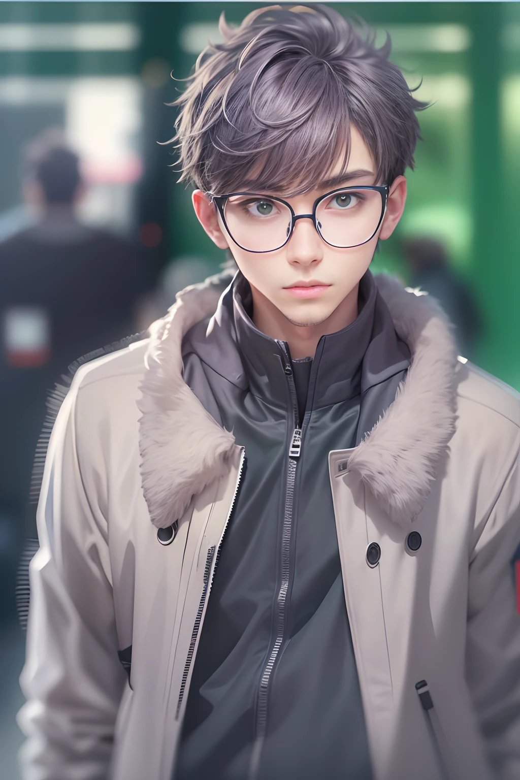 an cool university student, (male), ((fade hair style)), wears narrow mental frame glasses, wear gray coat, white plain T-shirt, black jeans ,((green background)),(anime style), (cinematic lighting), (ray tracing), ((reflection light)), ((half-body-shot)), atmospheric perspective, masterpiece, accurate, ((best quality)), high quality, super detail, high details, anatomically correct, highRes, 1080p,
