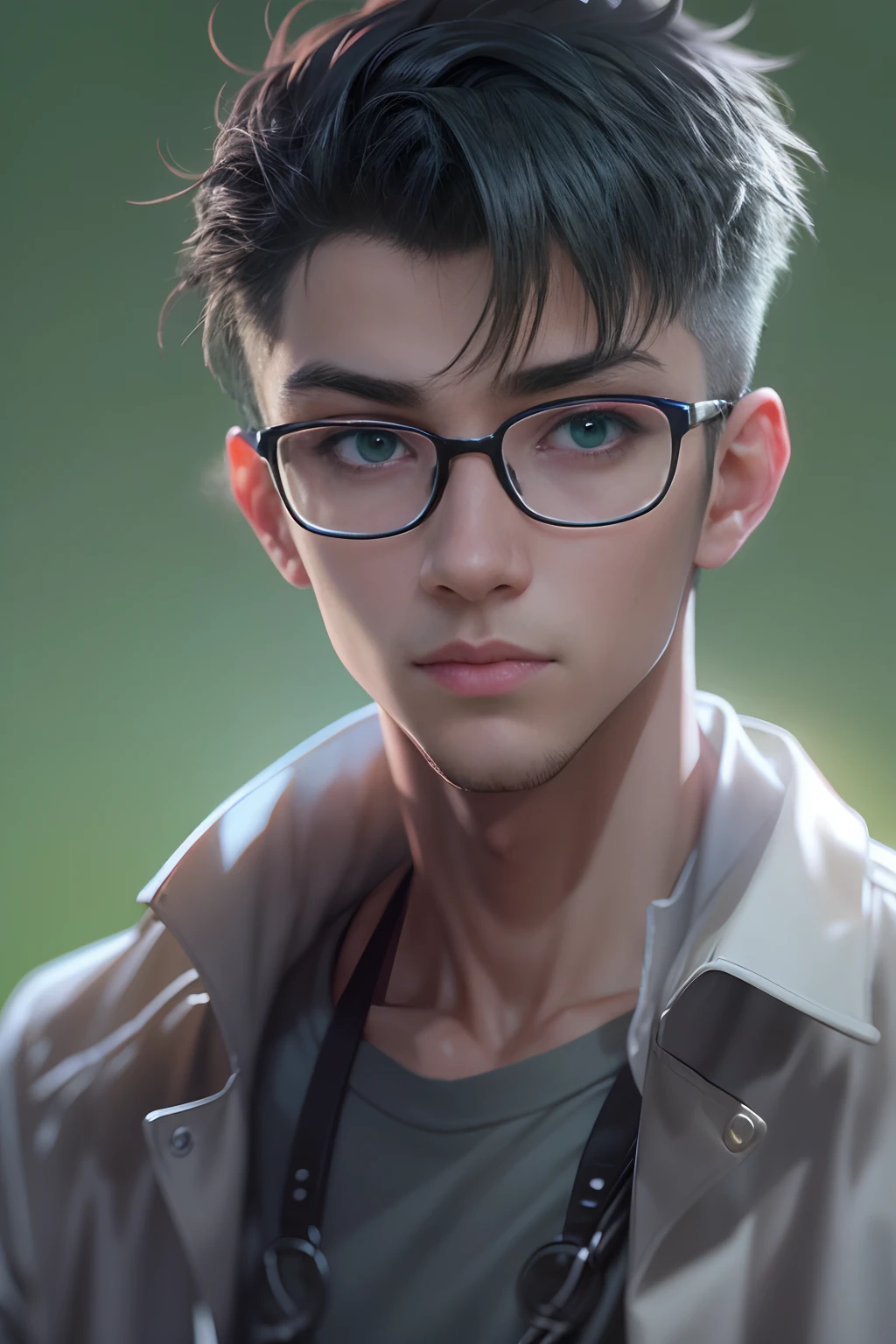 an cool university student, (male), ((fade hair style)), wears narrow mental frame glasses, wear gray coat, white plain T-shirt, black jeans ,((green background)),(anime style), (cinematic lighting), (ray tracing), ((reflection light)), ((half-body-shot)), atmospheric perspective, masterpiece, accurate, ((best quality)), high quality, super detail, high details, anatomically correct, highRes, 1080p,