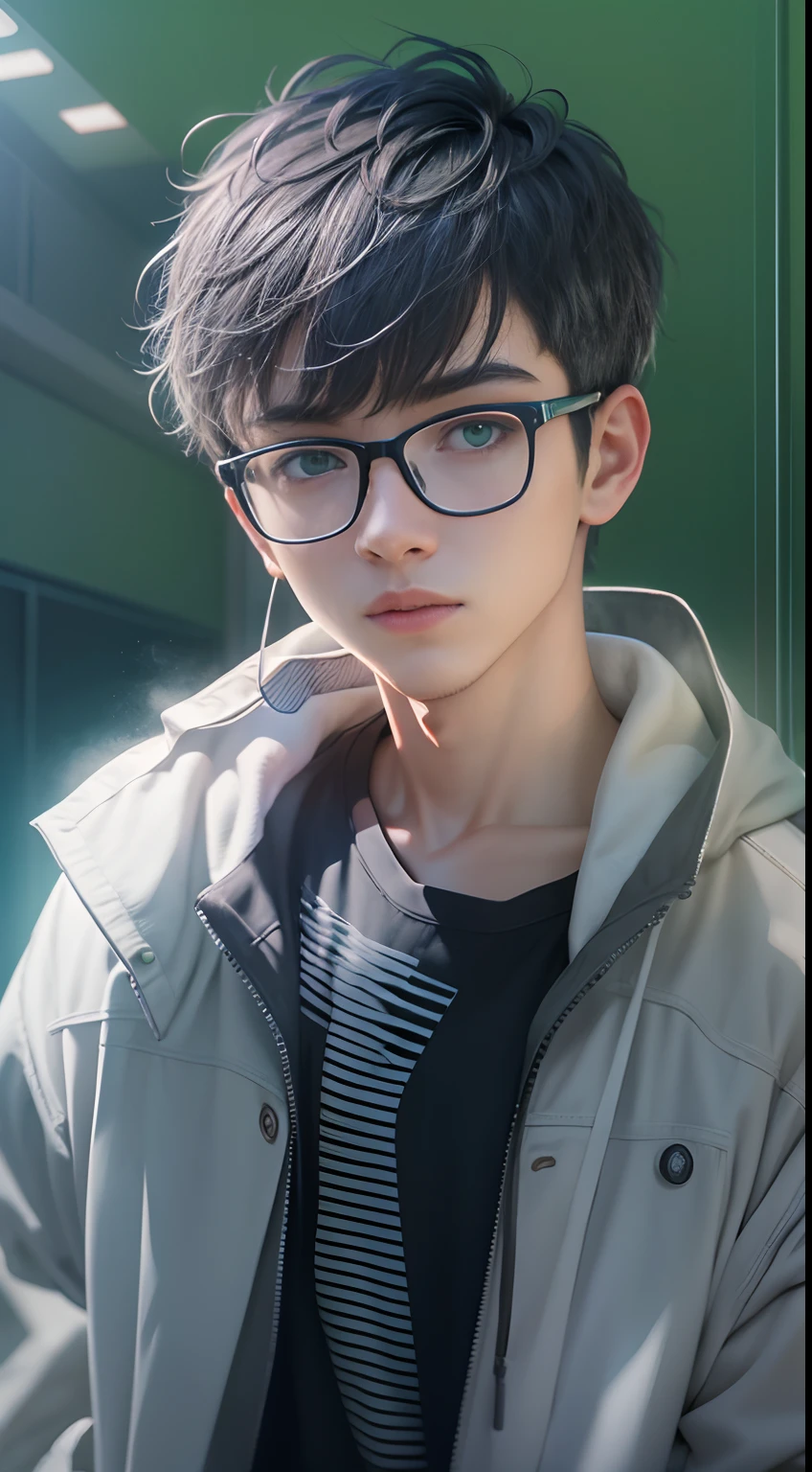 an cool university student, (male), ((short fade hair)) wears narrow mental frame glasses, wear gray coat, white plain T-shirt, black jeans ,((green background)),(anime style), (cinematic lighting), (ray tracing), ((reflection light)), ((half-body-shot)), atmospheric perspective, masterpiece, accurate, ((best quality)), high quality, super detail, high details, anatomically correct, highRes, 1080p,
