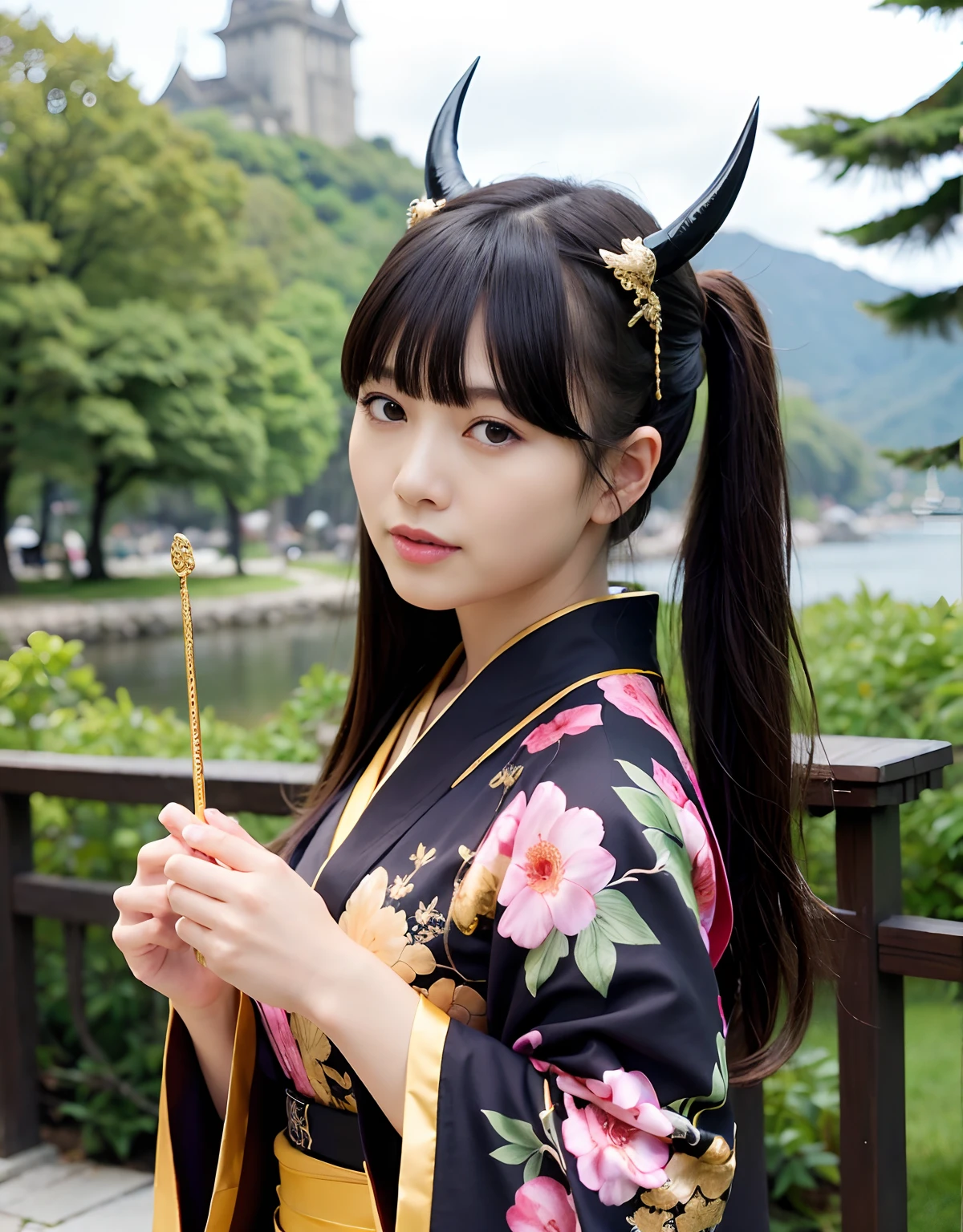((World of Darkness)),Professional , masterpiece、top-quality、photos realistic , depth of fields 、(sexypose)、(Black maple on the background of full bloom),(Ultimate Beauty)、A dark-haired、Mystical expression、(shrine background)、(Kimono with beautiful pattern)、(Night background)、Beautiful hair ornament on the head、,(intense fighting),((Precipitous cliffs)),(Wear a beautiful kimono),(Wear a beautiful kimono with colorful floral patterns)、(Japan Castle Background)、Jewel Gold Weapon、Particles of light),(intense fighting)、Gorgeous gold weapons ,Castle background、(( Gorgeous Dragon Sword)) , (a dark night),,(maikurobikini) 、((Black Haired Beautiful Girl))、(Castle background)、(demonic wings)、((Gangle's forest background))、Beautiful Caucasian beauty、1a person、dynamic ungle,(((Two devil's horns on the head)))、Smaller head、Idle Smile、Thin and beautiful female hands、Mystical expression、Light Effects、intense fighting、Wind-effect、magic circles、With the legendary magic wand、Dragon's tail、