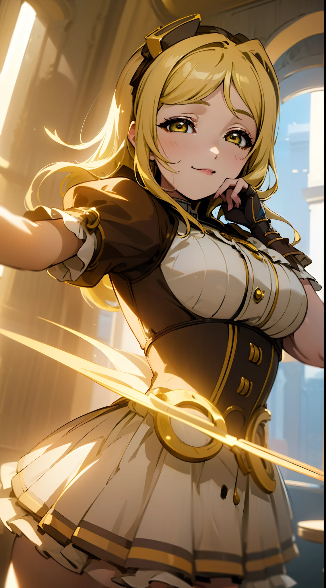 ((masterpiece,best quality,8k, Masterpiece, Best Quality,Detailed, Beautiful Detailed Eyes,)),Layla ML outfit, Mari Ohara face, Mari Ohara hair,solo, smiling, looking at viewer, cowboy shot, cinematic composition, dynamic pose,blonde hair,yellow eyes