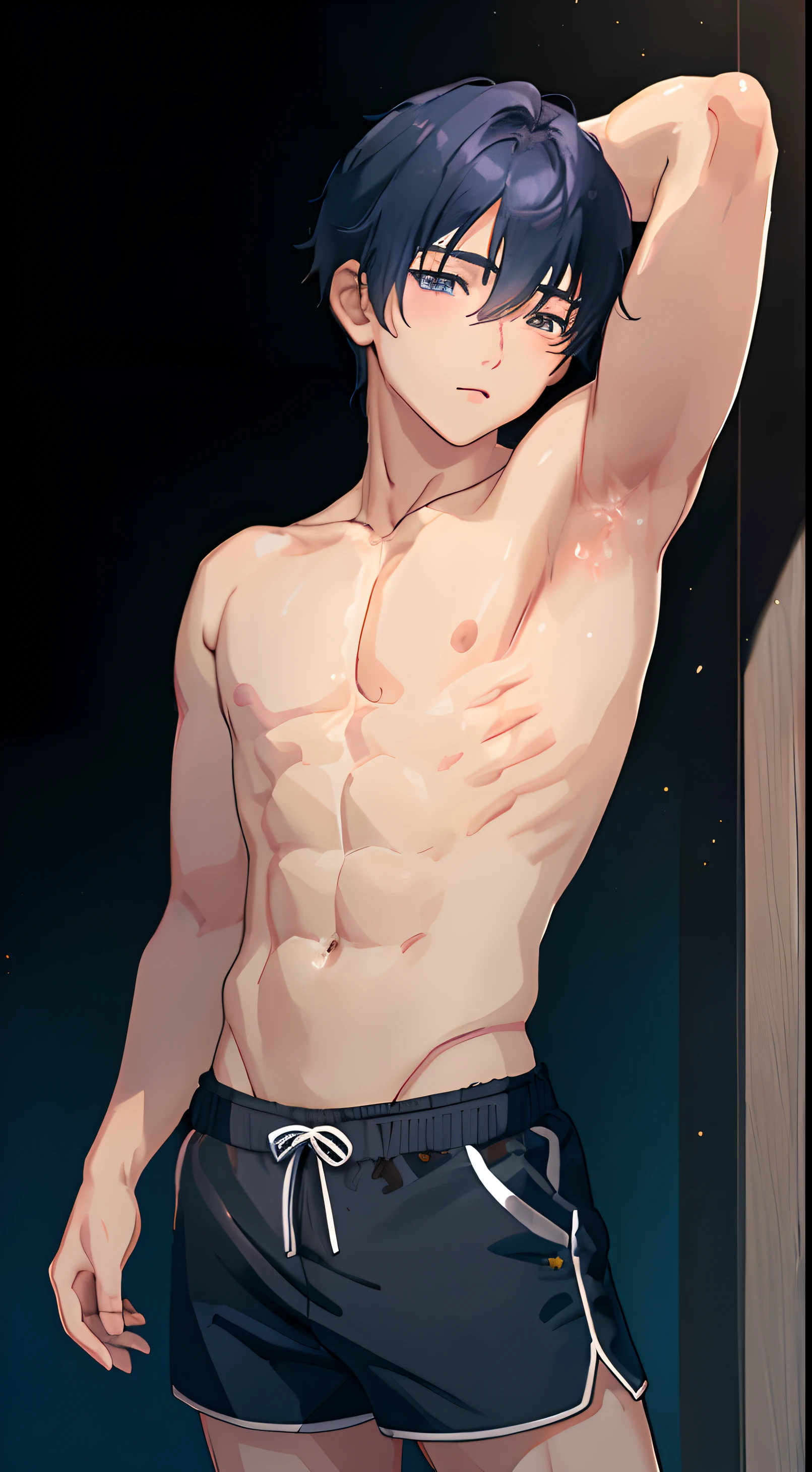 1 boy，Teen boy, japanese face, baby face，shirtless, bare chest, (showing armpit:1.4), shorts, Smooth skin，Elaborate Eyes， ( bokeh, Out of Focus, Soft Lighting, movie lighting, God Ray, UHD)