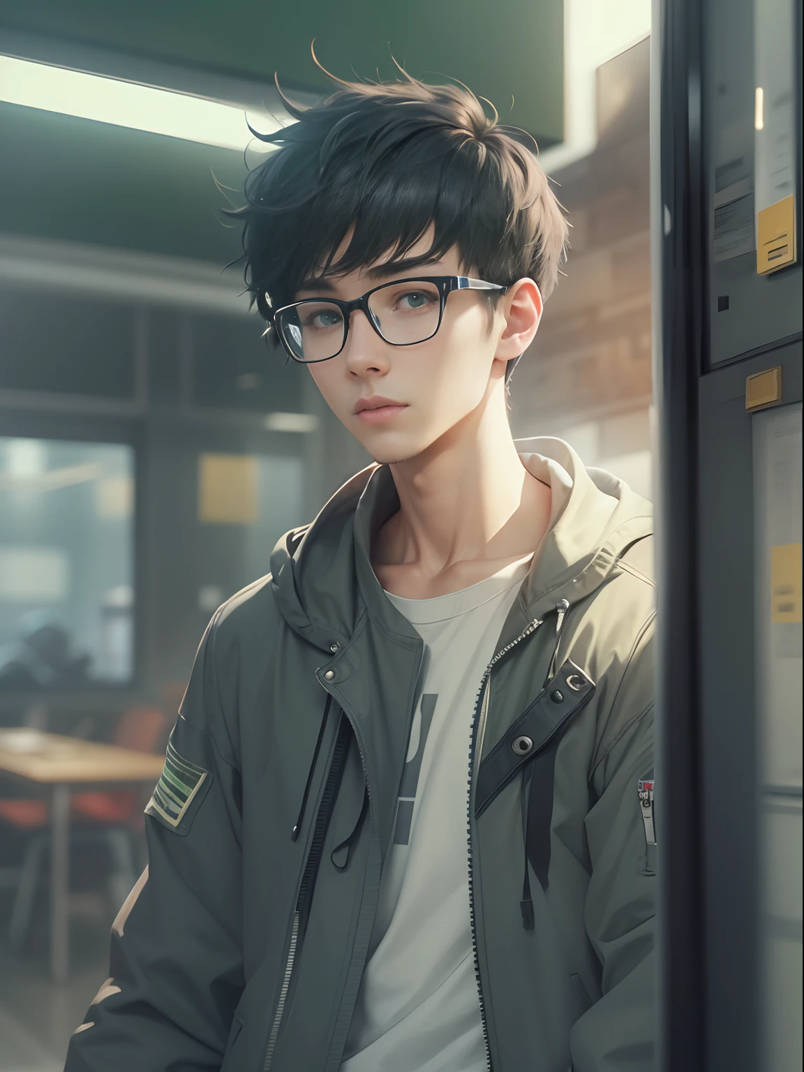 an cool university student, (male), ((short fade hair)) wears narrow mental frame glasses, wear gray coat, white plain T-shirt, black jeans ,((green background)),(anime style), (cinematic lighting), (ray tracing), ((reflection light)), ((half-body-shot)), atmospheric perspective, masterpiece, accurate, ((best quality)), high quality, super detail, high details, anatomically correct, highRes, 1080p,