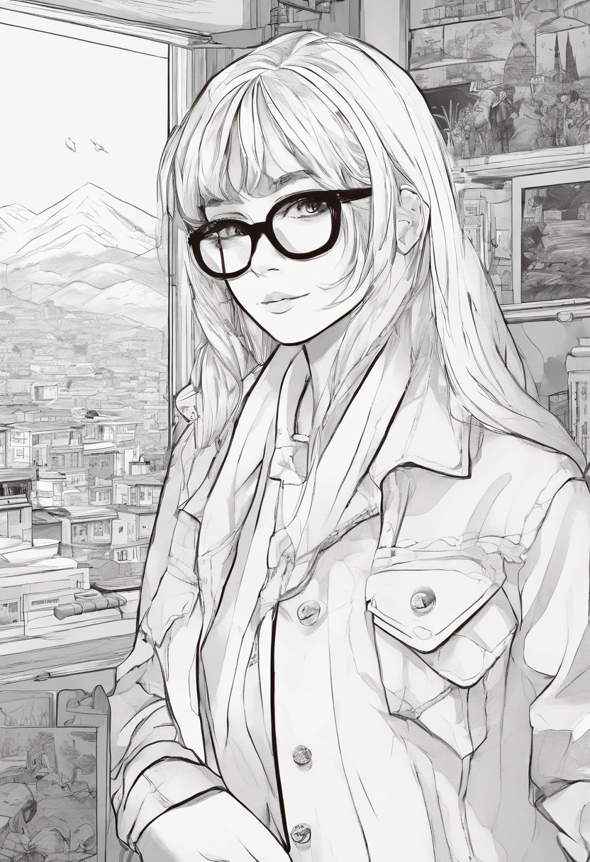 (Manga, comic, black and white, scenery, panels), (best quality, masterpiece), 1girl, dappled sunlight, indoors, glasses, shy, 1 girl, young girl, (goosebumps:0.7), beautiful face, (eyeliner, lipstick:0.9), 4k, 8k, uhd, hdr, detailed background, background