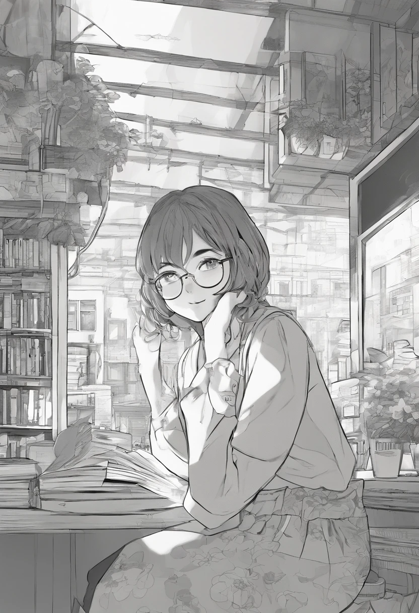 (Manga, comic, black and white, scenery, panels), (best quality, masterpiece), 1girl, dappled sunlight, indoors, glasses, shy, 1 girl, young girl, (goosebumps:0.7), beautiful face, (eyeliner, lipstick:0.9), 4k, 8k, uhd, hdr, detailed background, background