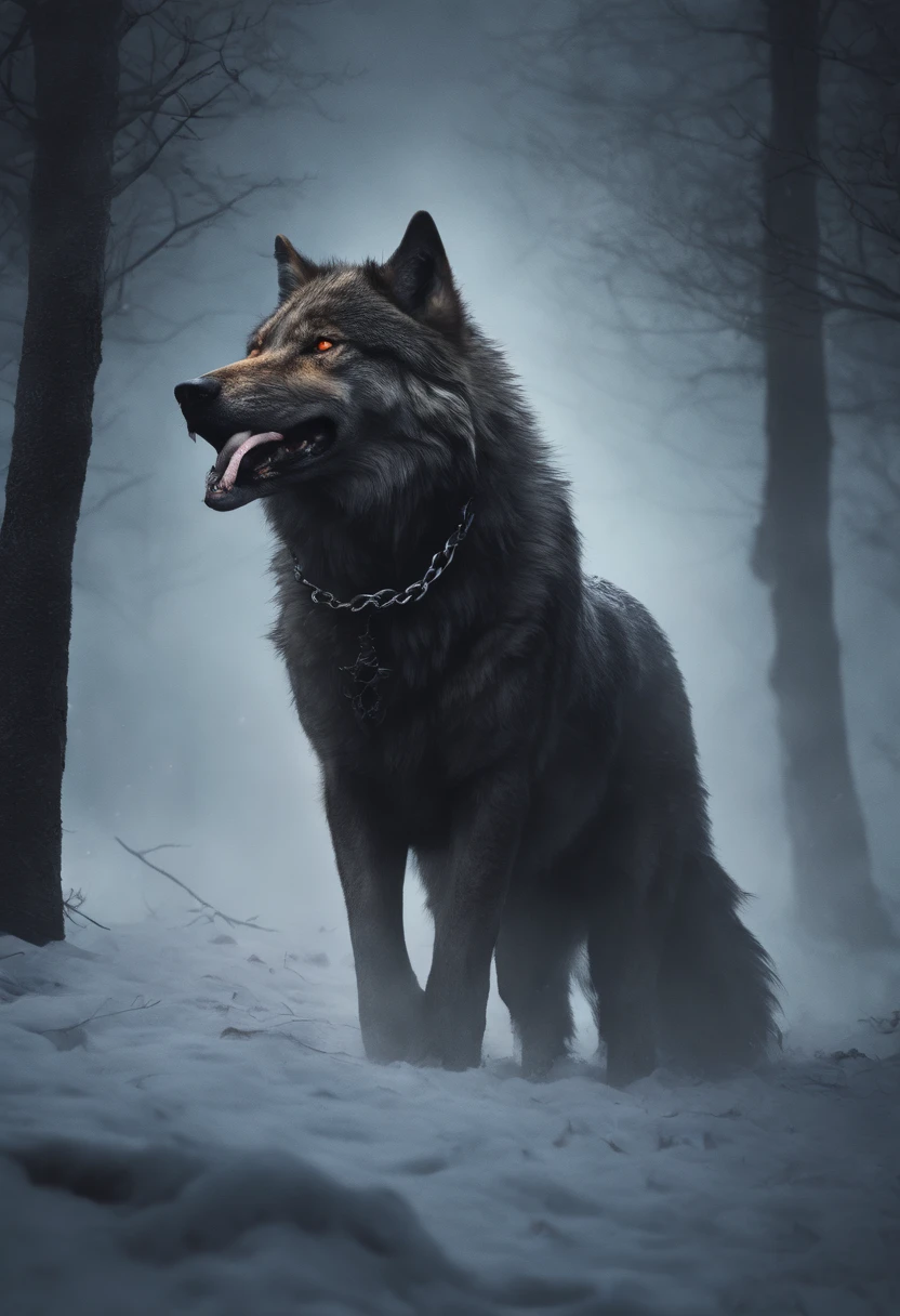 (Best Quality,4K,8K,hight resolution,masutepiece:1.2),Ultra-detailed,Realistic,Photorealistic:1.37,A terrifying direwolf on a string made of chains,Menacing red eye glow,Layered Fur Textures,bloody drool dripping from sharp fangs,,Leathery weathered iron chains,massive paws with powerful claws,,Dark and eerie forest background,Bone-chilling growl,Resolute and fearless attitude,foggy atmosphere,Menacing shadows in the moonlight,Battle scars on the body of a direwolf,Aurora Borealis twinkling in the sky,heavy breathing and steam coming out of the nostrils,,Ominous storm clouds gathering in the background,An ominous soundtrack playing in the distance,Subtle highlighting and shading for added depth,Contrasting color palette of warm and cool colors,Dynamic lighting and shadows,Premonition and suspense mood.