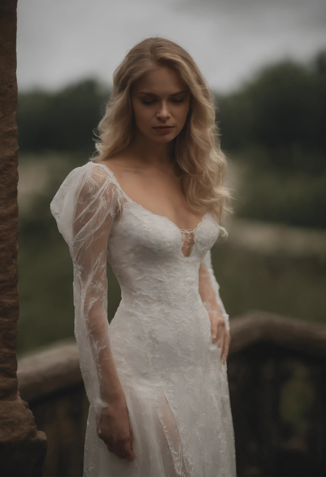 18 Yo girl, White Spider-Man dress, with long coiled hair， Blonde, Beautiful face, rain, Roof, Masterpiece, intricately details, Perfect anatomy, The hands should be correct，Facial and body details.