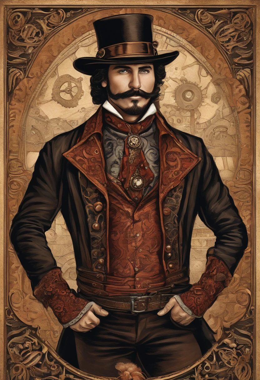 A 39 year old man with black wavy hair and deep brown eyes wearing a black and red steampunk cowboy shirt, black jeans and dark brown boots