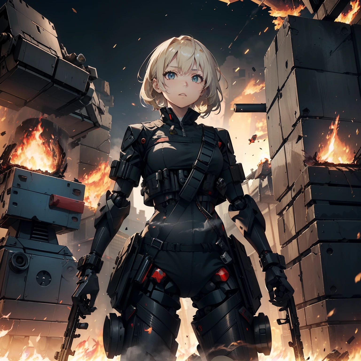 (Female soldier with well-trained body)、(((Fire machine guns to destroy enemy robots:1.4)))、1 Female 1 Robot、(Black combat uniform)、(platinum-blonde-hair:1.2)、shout out、Have multiple weapons、Parkour ride through the rubble、((超A high resolution))、Detail Write、​masterpiece、top-quality、extremely details CG、8K picture quality、Cinematographic lighting、lensflare、(Night urban combat)、Hyper-detailing、Android wreckage、((cowboy  shot:1.4))、Detailed firearm depiction、Firearms with perfect detail、Perfect barrel、(dynamic ungle:1.4)、Scattered empty cartridge cases
