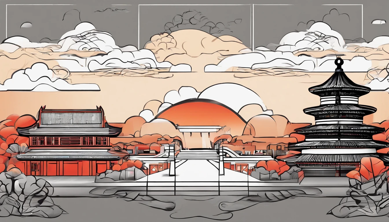 Package cover,Graphic design,Bold lines,Temple of Heaven as seen in the distance,Dark tone,White predominantly,Sunset orange is supplemented,Artistic beauty,Red accents,There are clouds