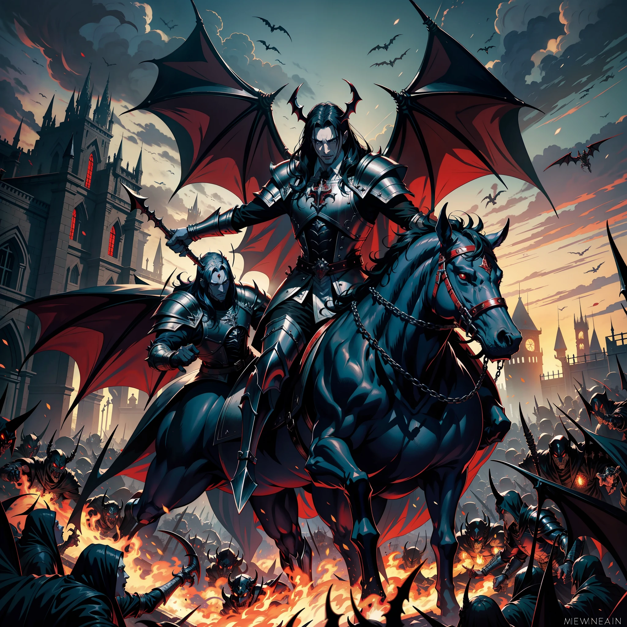 Lord Dracula leading an army of demons to fight medieval hyper realistic Super detailed High quality centerpiece Lord
