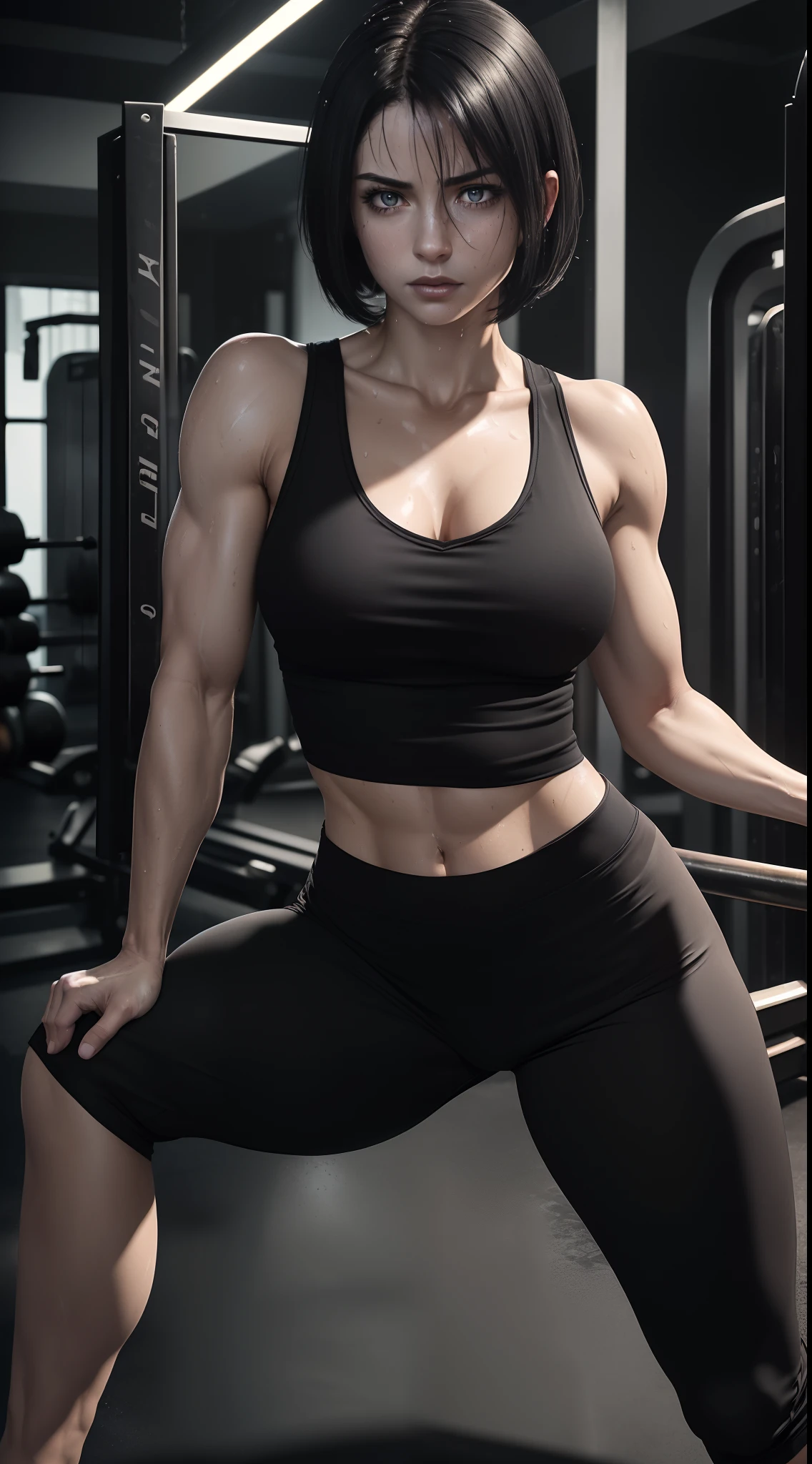 Ultra Realistic Image of Gorgeous British Female Model, (Athletic Body:1.2), (Pale Skin:1.6), (Defined Abs), (Busty Cup Size:1.2), (Firm Thighs:1.2), (Wearing Black V-neck Tank-Top and Black Training Pants:1.6), (Shoulder-level Bob Black Hair:1.4), (Detailed Oily and Sweaty Appearance:1.6), (Serious Face), (Exercising Pose:1.4), (From Above Shot:1.2), (Fitness Center at Night:1.4), Centered, Insane Details, Intricate Face Detail, Intricate Hand Details, Cinematic Shot and Lighting, Realistic Colors, Masterpiece, Sharp Focus, Ultra Detailed, Taken with DSLR camera, Realistic Photography, Depth of Field, Incredibly Realistic Environment and Scene, Master Composition and Cinematography