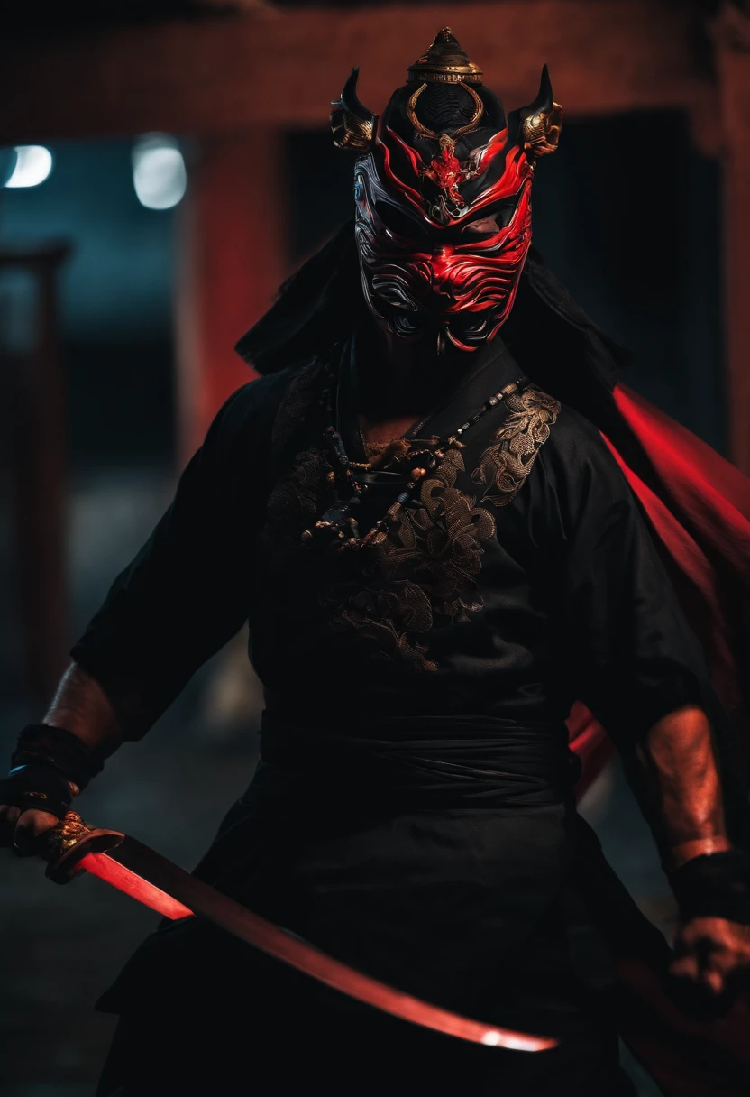 a ninja with a Japanese oni mask, com uma roupa preta, menacingly