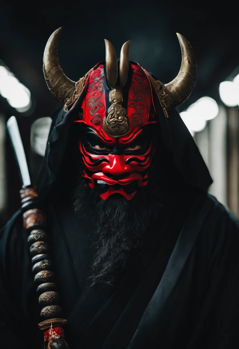 a ninja with a Japanese oni mask, com uma roupa preta, menacingly
