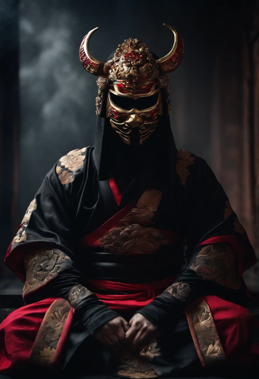 a ninja with a Japanese oni mask, com uma roupa preta, menacingly