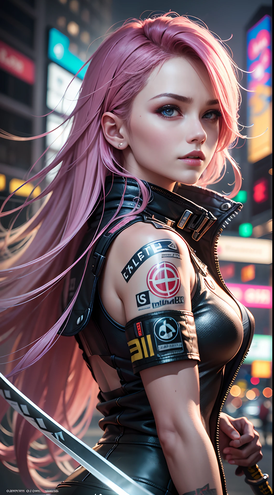 1 《Cyberpunk 2077》Pink long-haired girl with long katana，Wear a big red trench coat and shorts，Cyberpunk 2077，Extreme light and shadow，Aurora chase，extremelycomplicateddetails，Extremely strong reflected light，Extreme ambient light，the city that never sleeps，Analog cameras，rendering by octane，8K，CGSociety trends，Extremely complex and delicate eye structure，facing at the camera，neon light detail，globalillumination，Super delicate facial features，Cold，Very detailed pupil structure，Look back at the full body close-up。Neon scene at night，Long neon hair，（Perfect body 1.1）（Height 1.68 meters）Super realistic，The moment you sprint with a knife