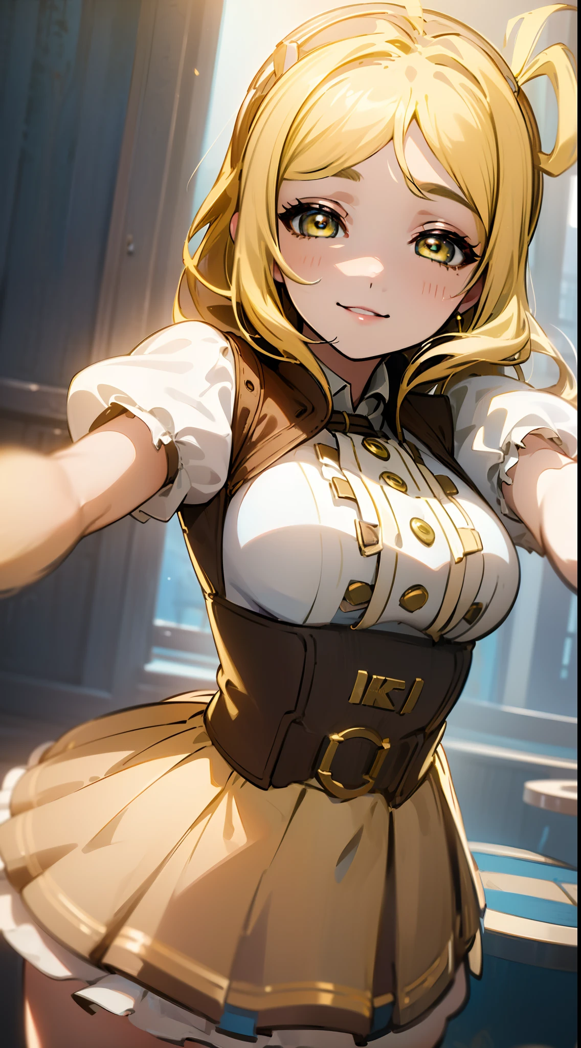 ((masterpiece,best quality,8k, Masterpiece, Best Quality,Detailed, Beautiful Detailed Eyes,)),Layla ML outfit, Mari Ohara face, Mari Ohara hair,solo, smiling, looking at viewer, cowboy shot, cinematic composition, dynamic pose,blonde hair,yellow eyes