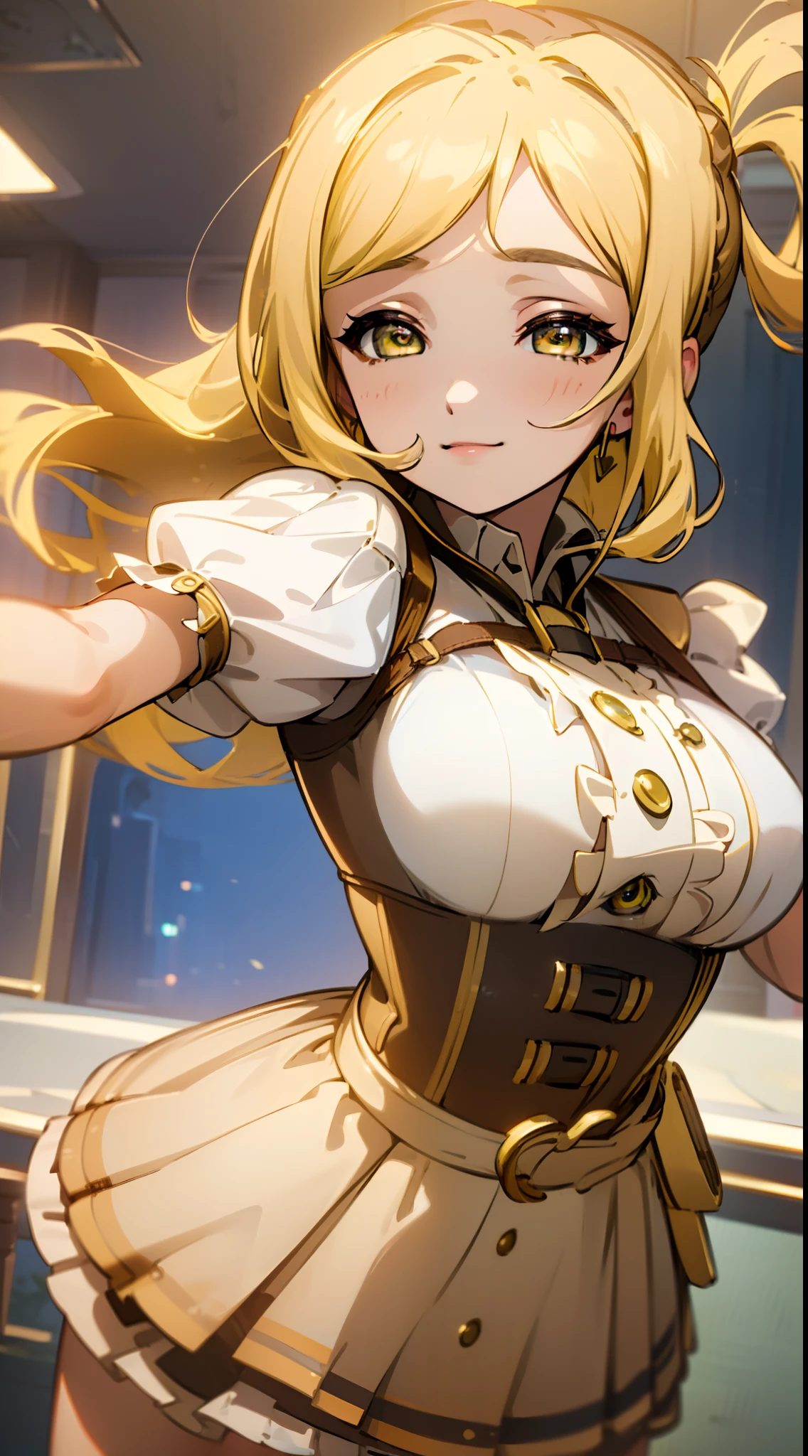 ((masterpiece,best quality,8k, Masterpiece, Best Quality,Detailed, Beautiful Detailed Eyes,)),Layla ML outfit, Mari Ohara face, Mari Ohara hair,solo, smiling, looking at viewer, cowboy shot, cinematic composition, dynamic pose,blonde hair,yellow eyes