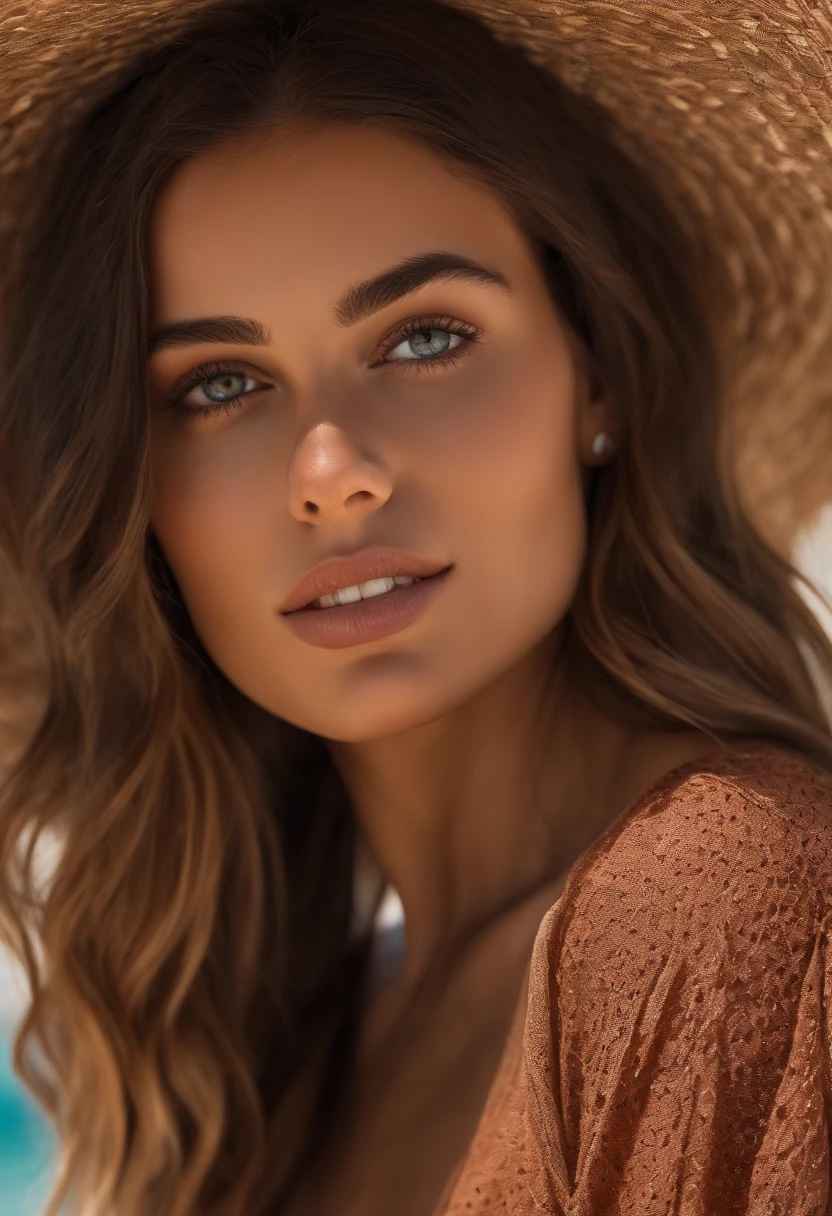 Arafed woman completely , fille sexy aux yeux bruns, ultra realist, Meticulously detailed, Portrait Sophie Mudd, cheveux bruns et grands yeux, selfie of a young woman,sur la plage, Medium to large bust ,hispanique