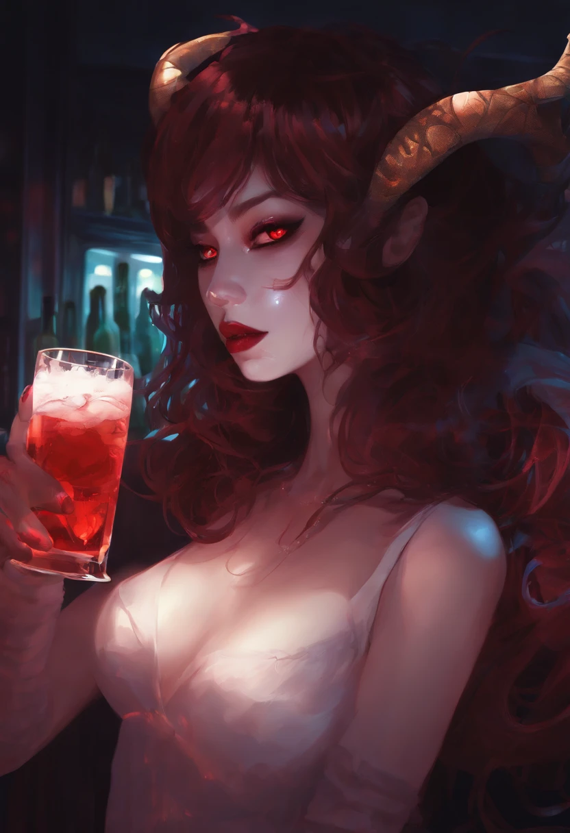 1girl monster, venon of spideman, na mask beautifull face, red eyes, in a night club, bottle of whine, horror, anime