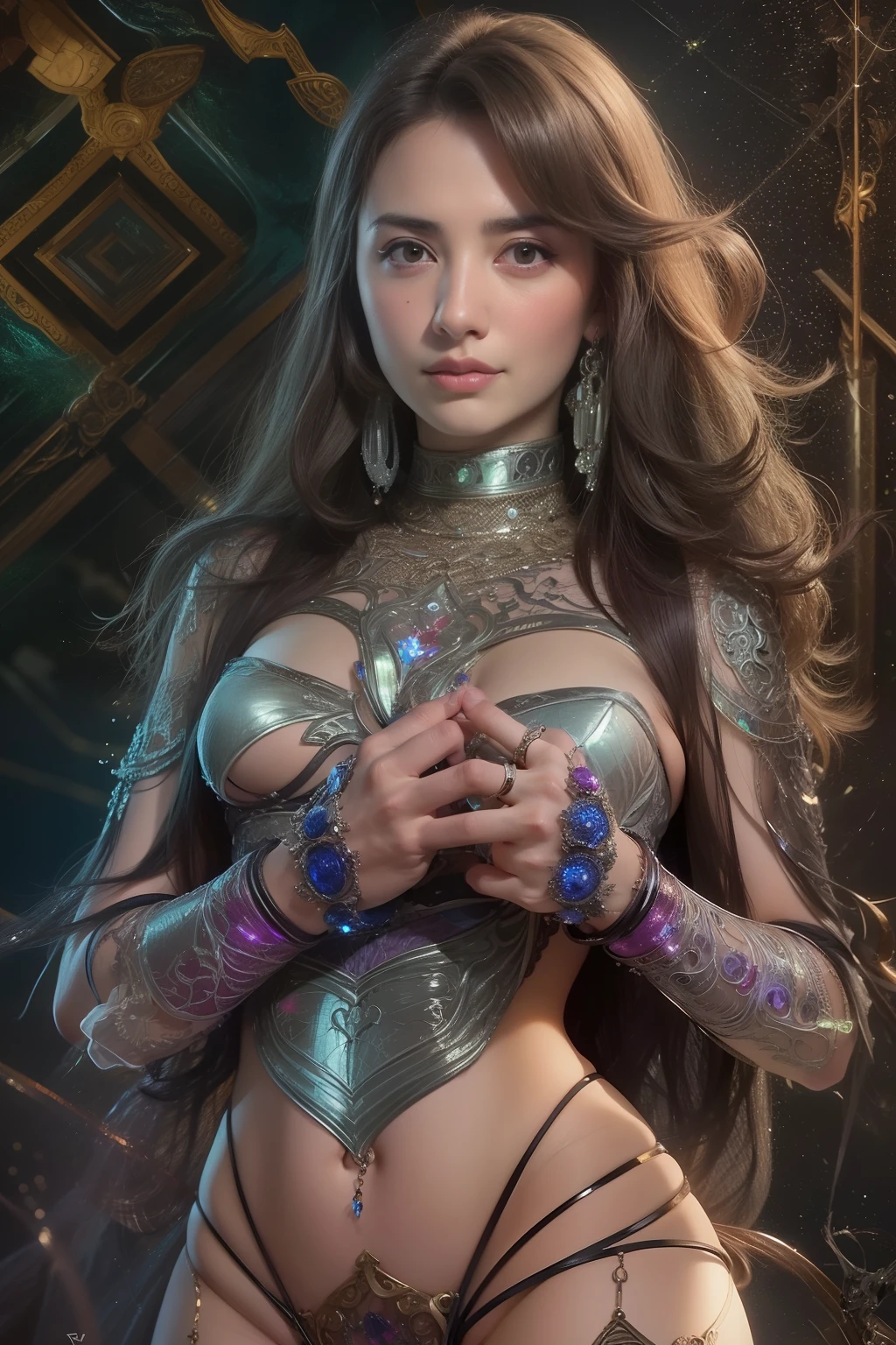 (Detailed iridescent bodysuit with beautiful fractal or marble design:1.5), (Beautiful and d delicate ruby, topaz, emerald and sapphire jewelry:1.6), Complex and colorful biomechanical bodysuit, Zentangle, mandalas, Entangled, Vulgarity, beutiful breast, (Open legs:1.4), obscenity, (Lewd smile:1.2), coarse, Obscene, mean, (raunchy:1.2), (Immoral:1.2), Lachish, (small breasts with raised areolas,:1.6), (Cameltoe), (Expression of ecstasy:1.2), Photorealistic, Official art, Unity 8k wallpapr, 8K Portrait, Best Quality, Very high resolution, (Incredibly beautiful nature background:1.6), One girl, One beautiful teenage italian girl, (14 years old:1.3), (Sexy and glamorous:1.1), (A coquettish expression:1.6), (seductively smiling:1.2), (Full body), (erotic posing:1.5), (Magic Attack Pose:1.6),(magical effects like sparkles or energy:1.5), (Electric shock from hands:1.1), Beautiful seductive face, Portrait, (Thick eyebrows:1.2), (Big purple eyes:1.2), Beautiful eyes with fine symmetry, (Ultra detailed eyes:1.4), (High resolution eyes:1.1), Intimate face, (ultra detailed skin texture:1.4), White skin, pale skin, Perfect Anatomy, Thin, (Beautiful toned body:1.1), Hair Bow, (Moist skin:1.1), full of sweat, No makeup, dark circles, Good anatomy, Focus Face, good-looking, (Emilia Clark:0.6) (Emma watson:0.3),(Jennifer Connelly:0.4), (sensual face:1.5), Elegant face, Nice, Dolce, Cyberpunk Sci-Fi, (Gauntlets with intricate and beautiful designs:1.2), Blurred background, Blurred foreground, depth of fields, (Motion Blur:1.1), (Small breasts:1.2), Sheer breast, (beautiful boob:1.2), (NSFW:1.2), large hips, drivel, Juice stain, grabbing on breasts, (Slim and toned body:1.5), (four fingers a thumb:1.2) , Good numbers, (Low-cut punk medieval armor:1.2), (Bright chrome gold lingerie with sharp reflections:1.2) (Pedras preciosas:1.2)
