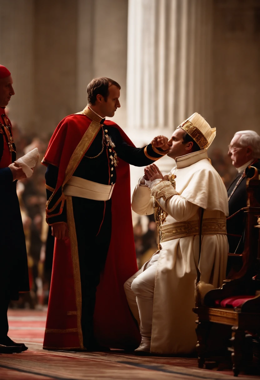 Create an image depicting Napoleon Bonaparte dramatically snatching the crown from the pope's hands and self-crowning during a grand debate. , cinemactic,