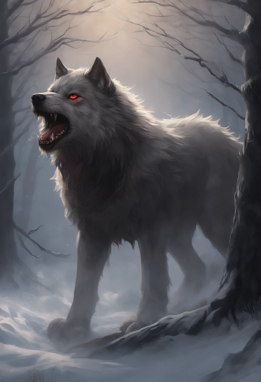 (Best Quality,4K,8K,hight resolution,masutepiece:1.2),Ultra-detailed,Realistic,Photorealistic:1.37,Terrifying direwolf on a string made of chains,Menacing red eye glow,Layered fur texture,bloody drool dripping from sharp fangs,,,Leathery weathered iron chains,massive paws with powerful claws,,,Dark and eerie forest background,Bone-chilling growl,Resolute and fearless attitude,foggy atmosphere,Menacing shadows in the moonlight,Battle scars on the body of a direwolf,Aurora Borealis twinkling in the sky,heavy breathing and steam coming out of the nostrils,,,Ominous storm clouds gathering in the background,An ominous soundtrack in the distance,Subtle highlighting and shading for added depth,Contrasting color palette of warm and cool colors,Dynamic lighting and shadows,Premonition and suspense mood.