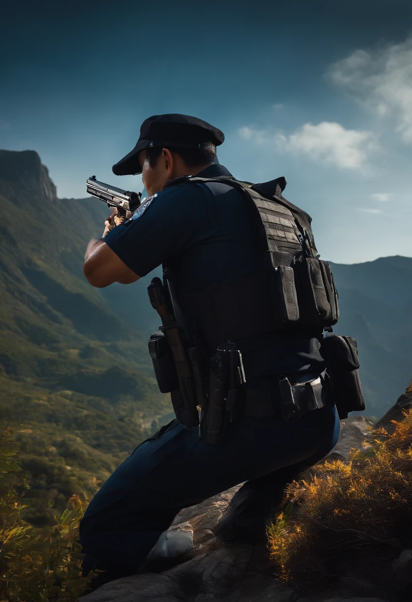 /imagine prompt: unreal engine, close up, asian, side view, A 40-year-old policeman with his head down in a shooting pose, holding a gun, making a shooting pose, on a mountain