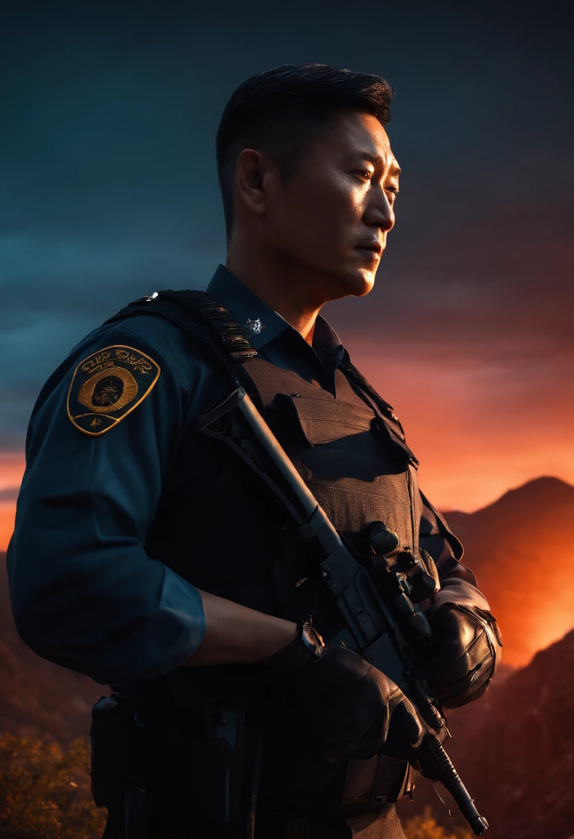 /imagine prompt: unreal engine, close up, asian, side view, A 40-year-old policeman with his head down in a shooting pose, holding a gun, making a shooting pose, on a mountain