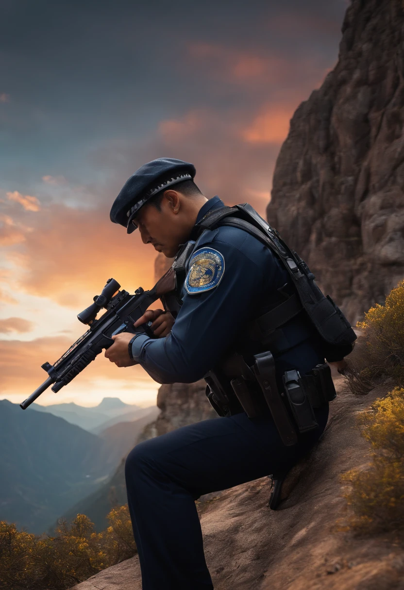 /imagine prompt: unreal engine, close up, asian, side view, A 40-year-old policeman with his head down in a shooting pose, holding a gun, making a shooting pose, on a mountain